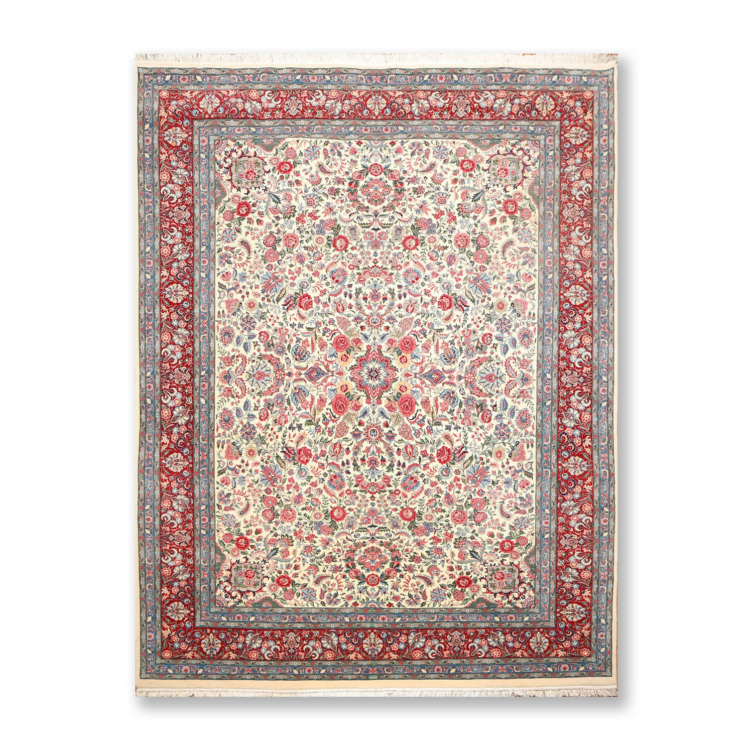 9x12 Ivory, Red, Blue Color Hand Knotted Floral 100% Wool Traditional Oriental Rug