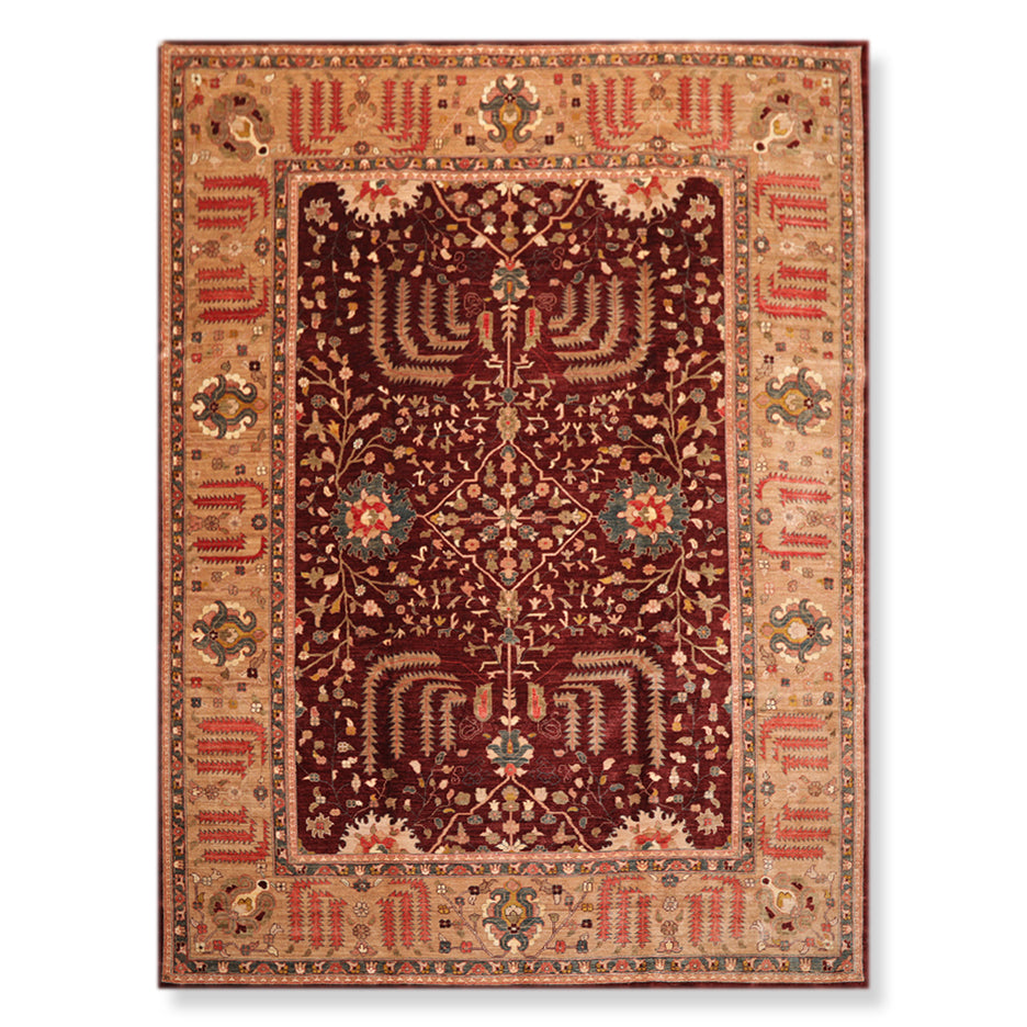 9x12 Maroon, Tan, Coral Color Hand Knotted All-Over 100% Wool Traditional-Persian/Oriental Oriental Rug