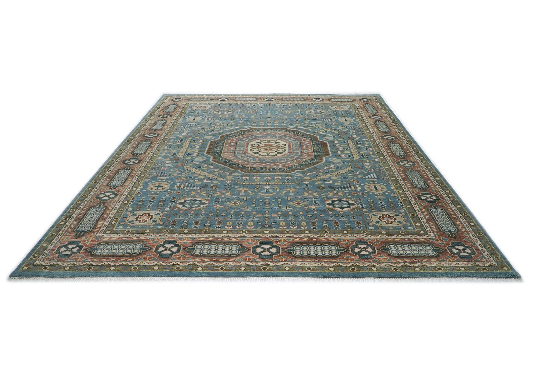 12x15 Blue, Rust, Green Color Hand Knotted Oushak Wool Traditional Oriental Rug