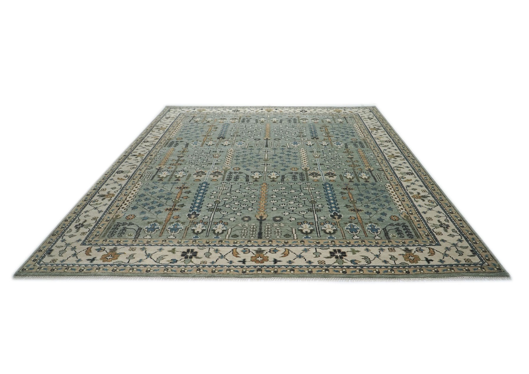 12x15 Seledon, Beige, Brown Color Hand Knotted Oushak Wool Transitional Oriental Rug