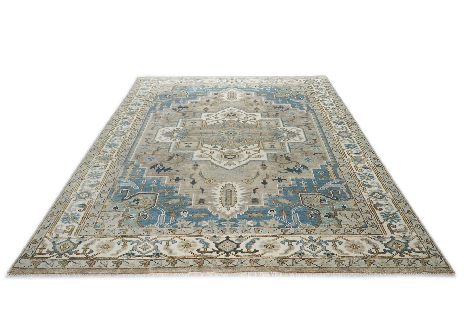 10x14 Beige, Ivory, Blue Color Hand Knotted Oushak Wool  Oriental Rug