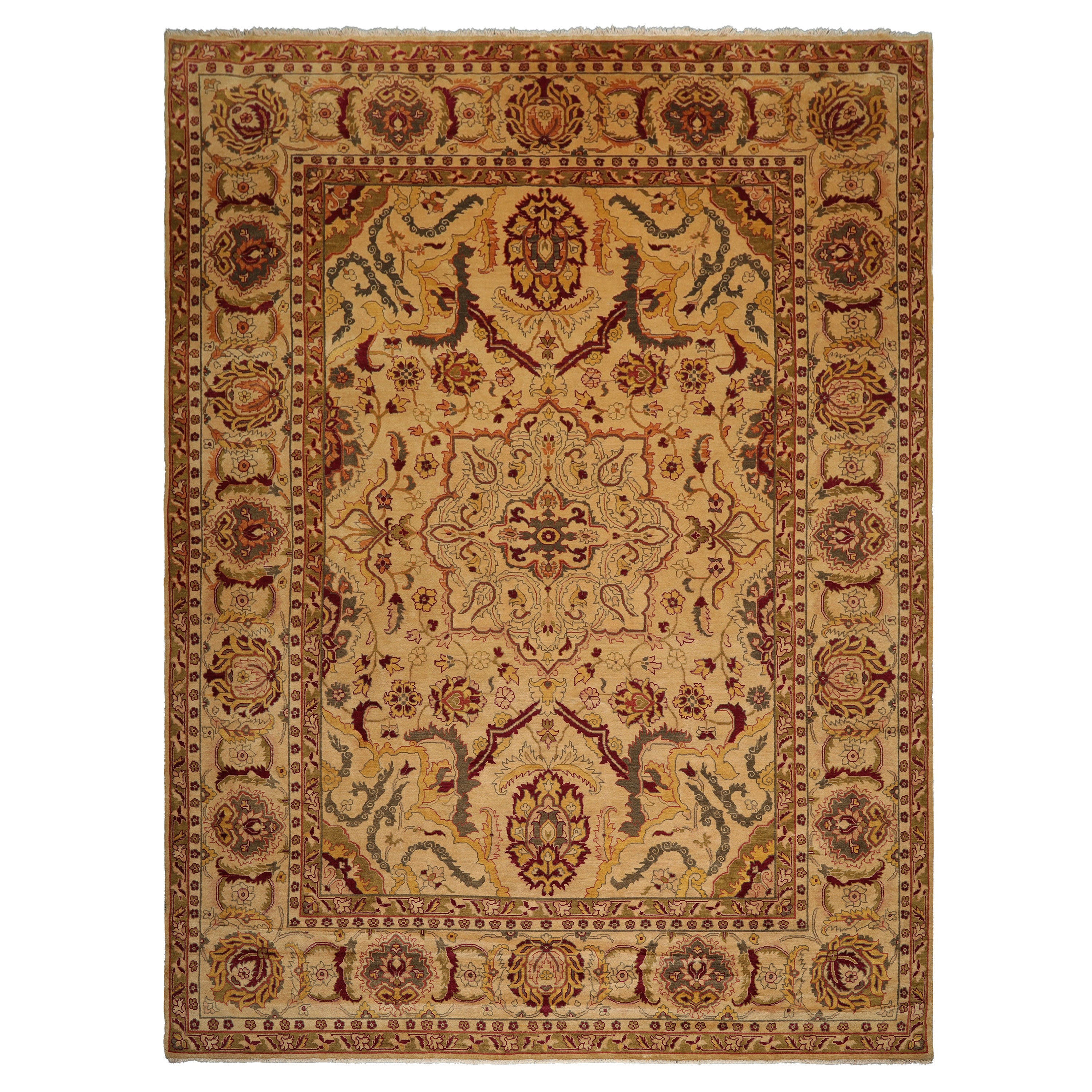 10x14 Gold, Burgundy, Sage Color Hand Knotted All-Over 100% Wool Traditional Oriental Rug