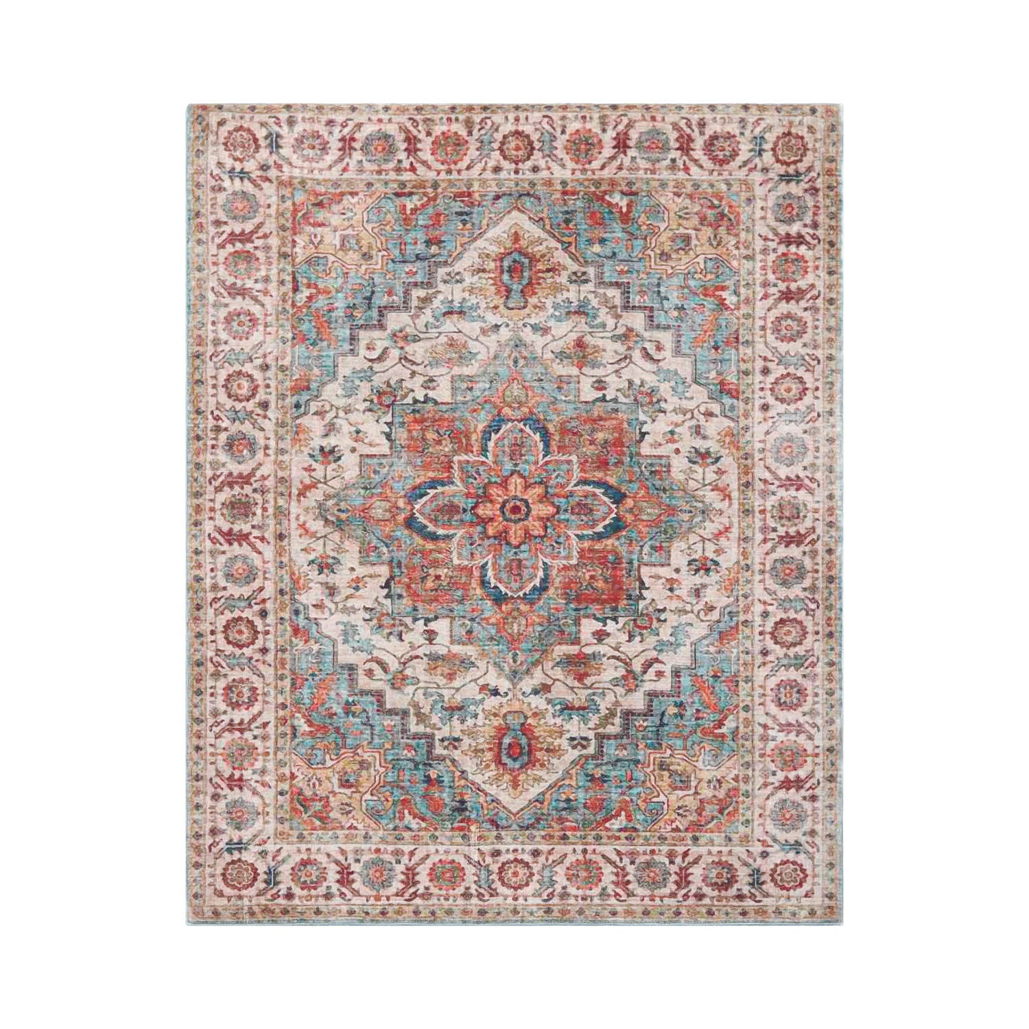 Multi Size  Aqua Beige Rust Color Machine Made Flatweave Polyester Traditional Oriental Rug