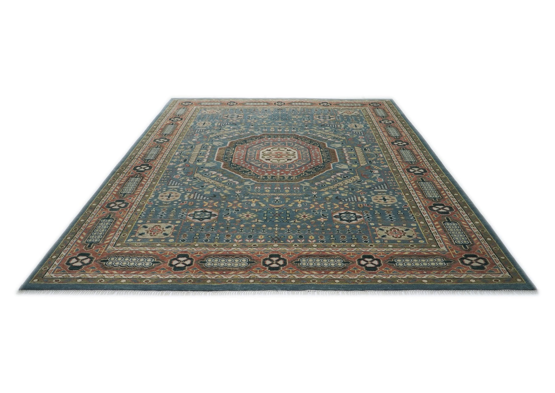 12x15 Blue, Rose, Green Color Hand Knotted Oushak Wool Traditional Oriental Rug