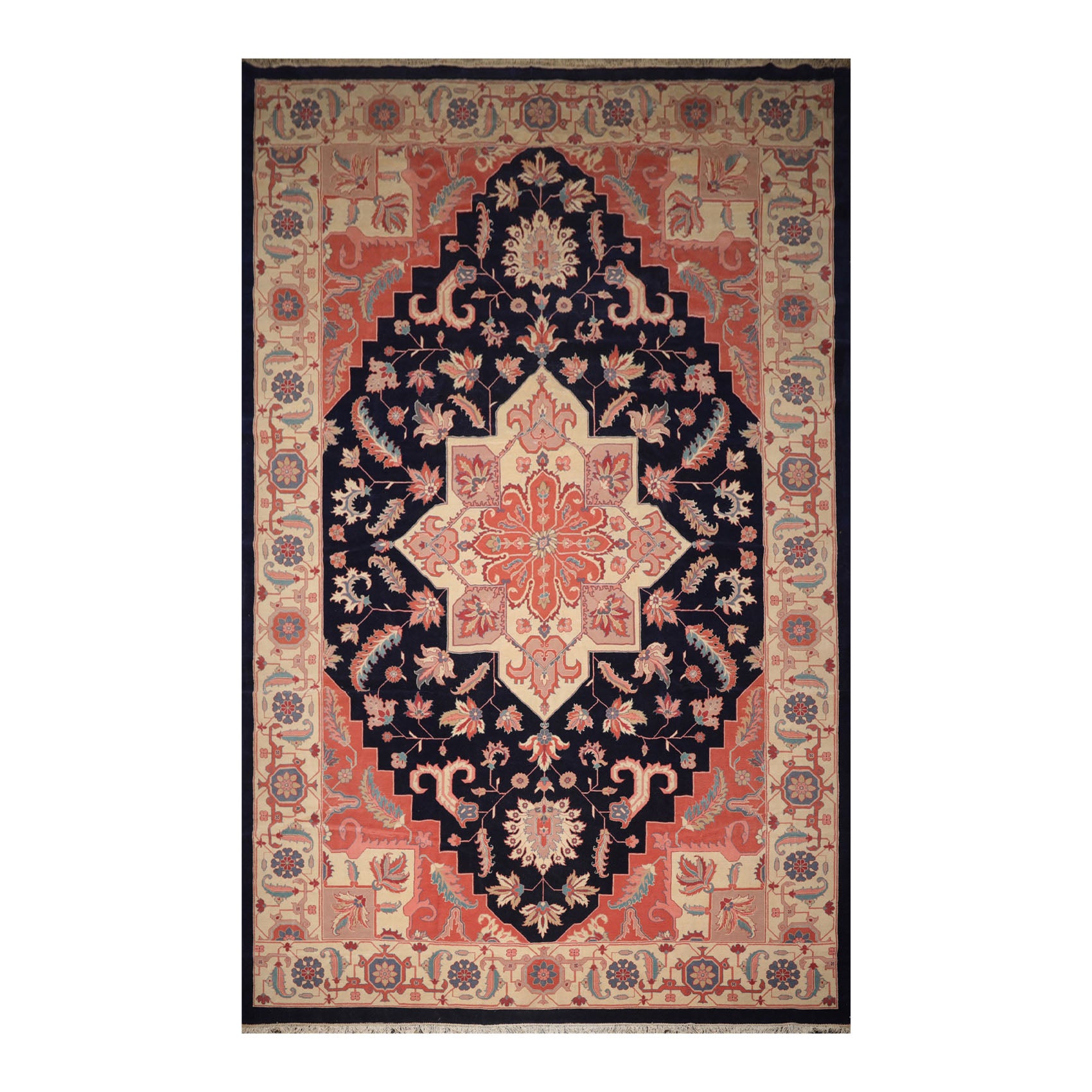 Palace Navy, Peach, Ivory Color Hand Knotted All-Over 100% Wool Traditional Oriental Rug