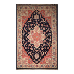 Palace Navy, Peach, Ivory Color Hand Knotted All-Over 100% Wool Traditional Oriental Rug