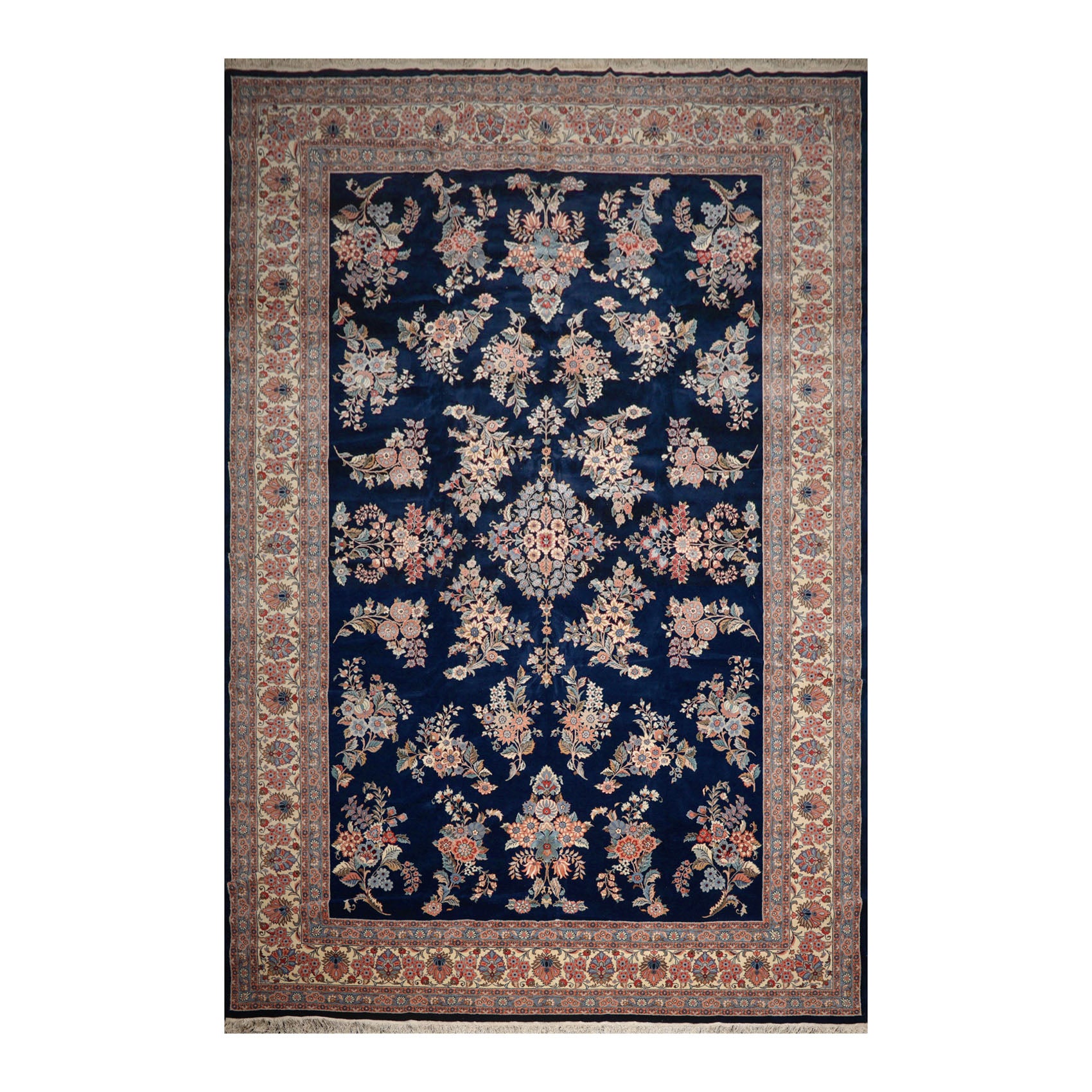Palace Navy, Cream, Blue Color Hand Knotted All-Over 100% Wool Traditional Oriental Rug