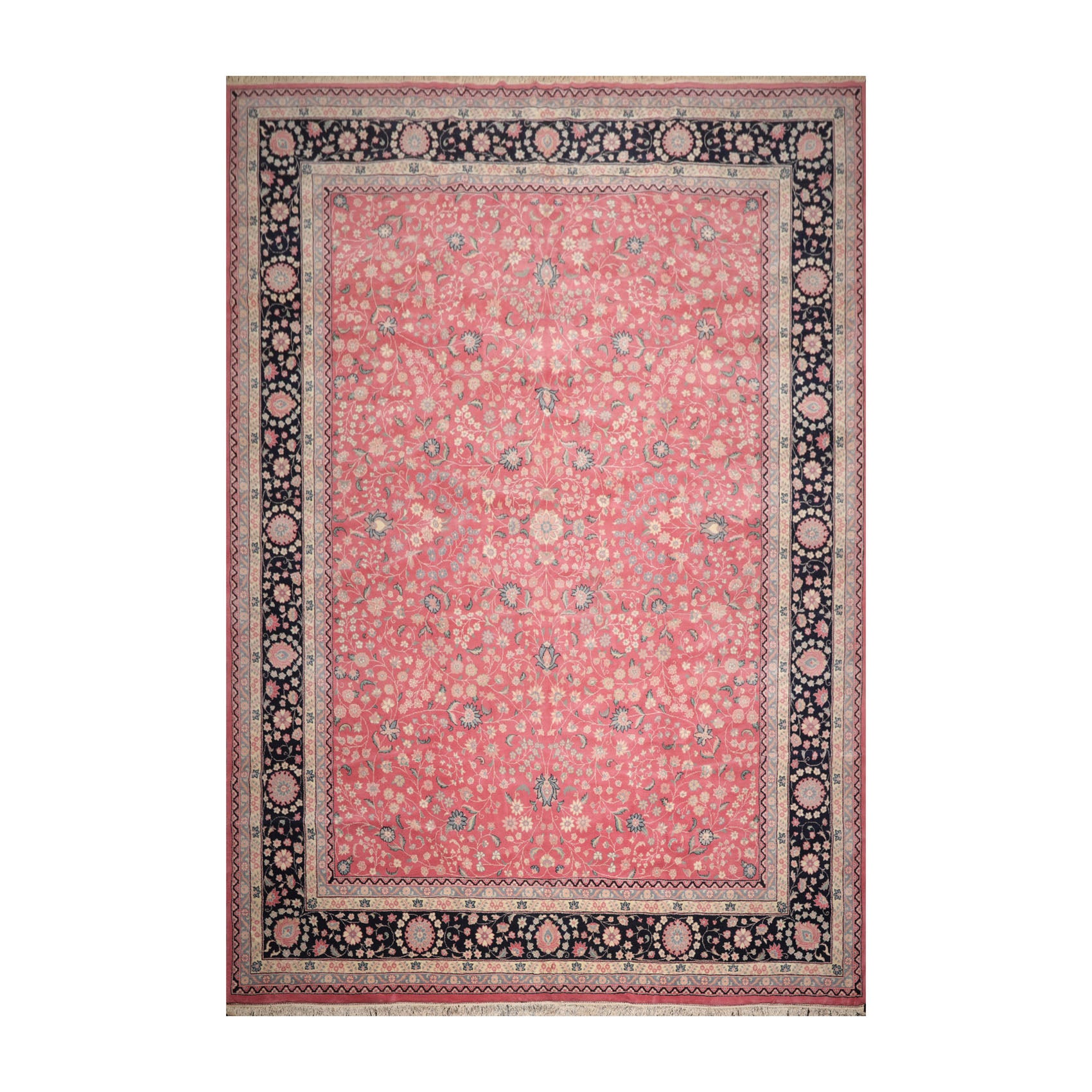Palace Pink, Midnight Blue, Slate Color Hand Knotted All-Over 100% Wool Traditional Oriental Rug