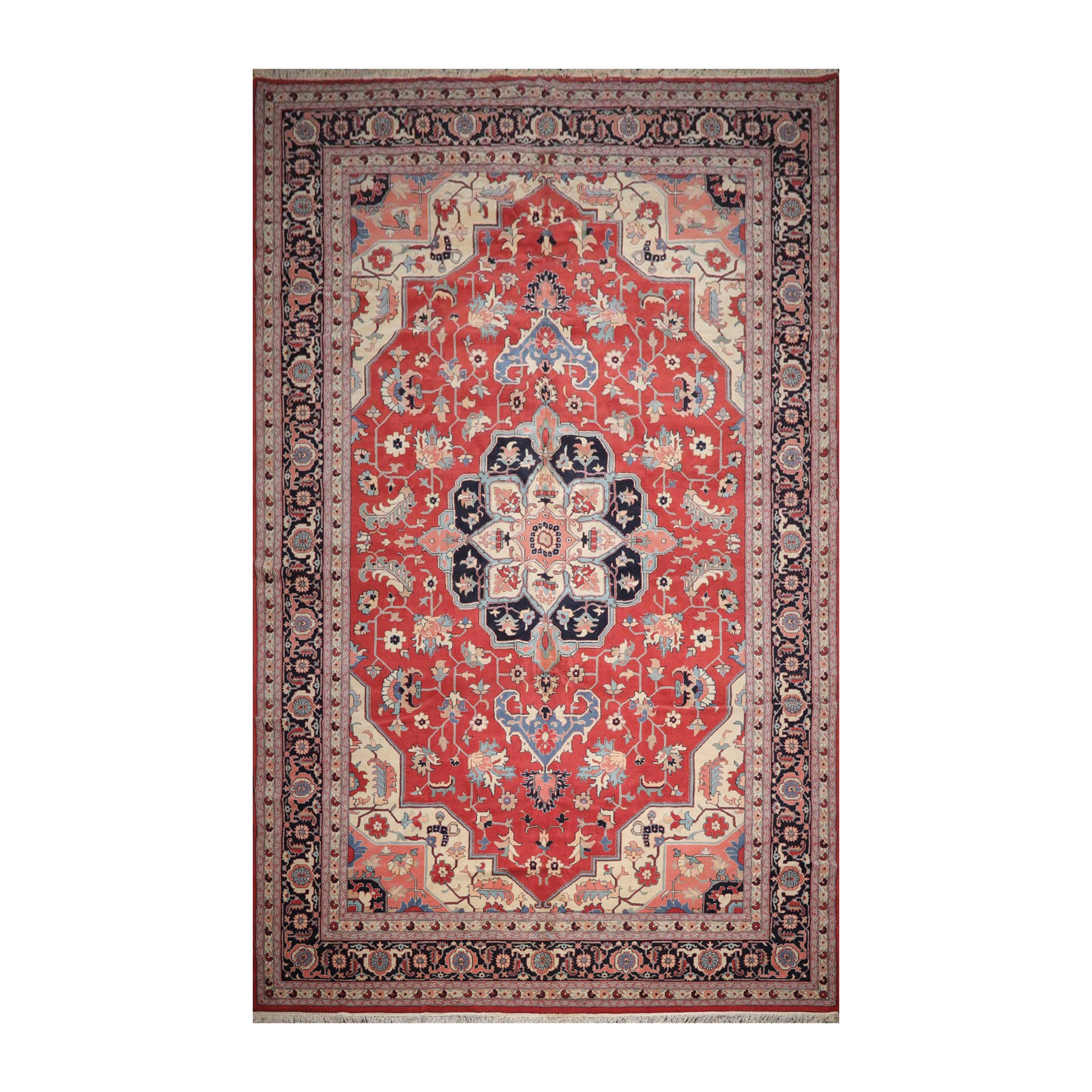 Palace Terracotta, Ivory, Midnight Blue Color Hand Knotted All-Over 100% Wool Traditional Oriental Rug