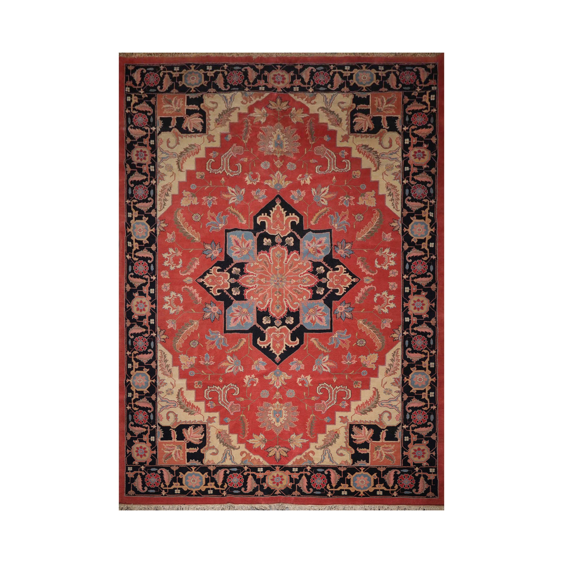 Palace Coral, Midnight Blue, Peach Color Hand Knotted All-Over 100% Wool Traditional Oriental Rug