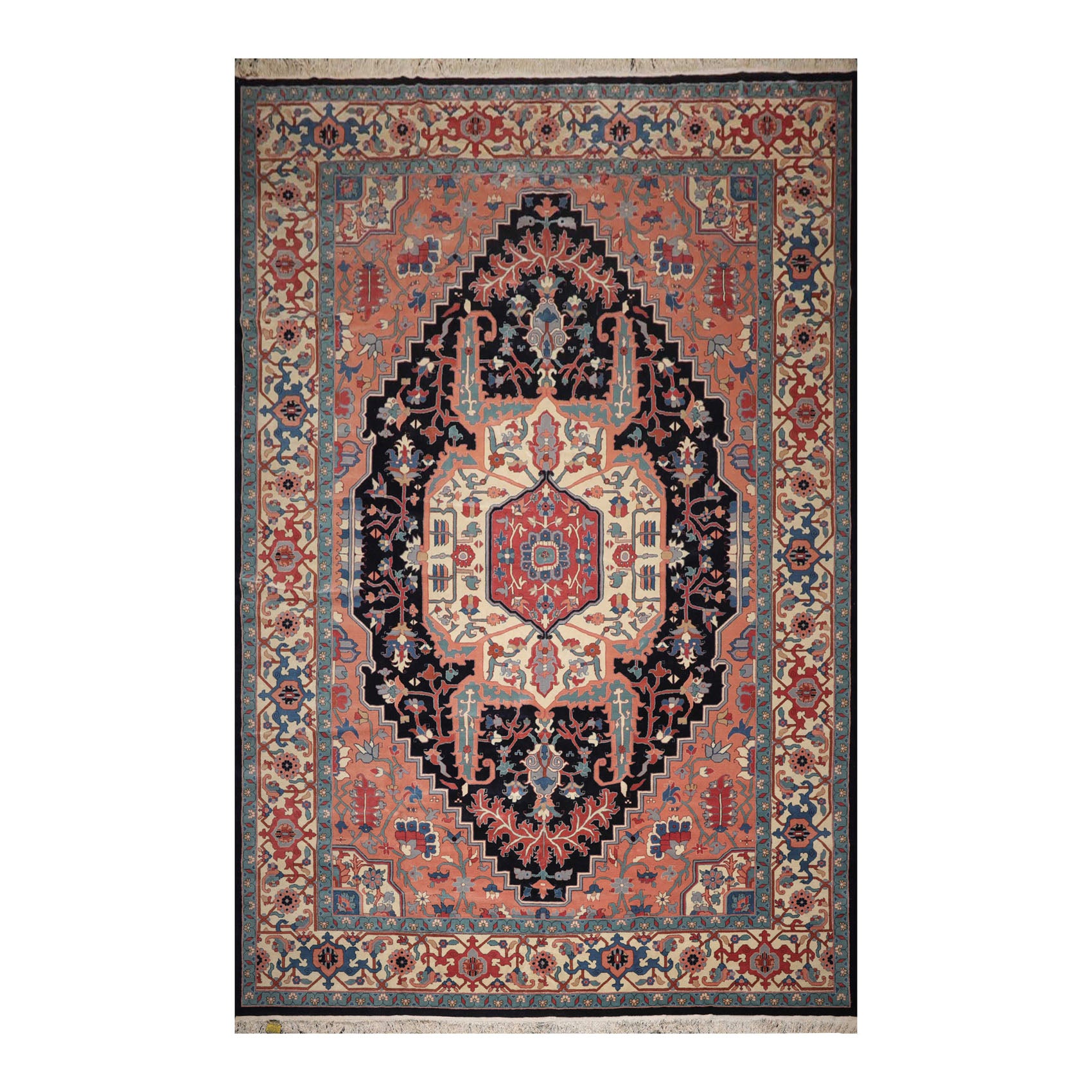 Palace Peach, Midnight Blue, Ivory Color Hand Knotted All-Over 100% Wool Traditional Oriental Rug