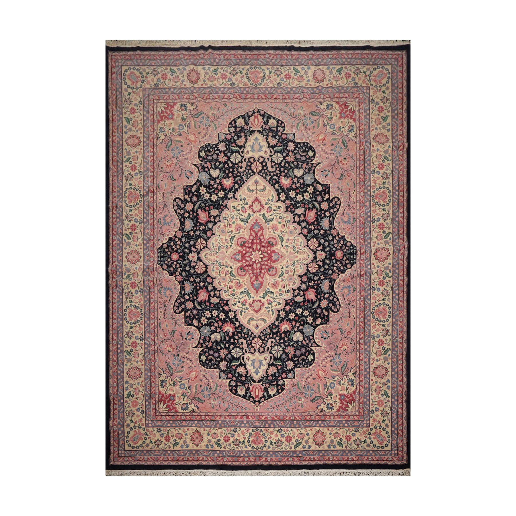 Palace Midnight Blue, Ivory, Pale Pink Color Hand Knotted Persian 100% Wool Traditional Oriental Rug