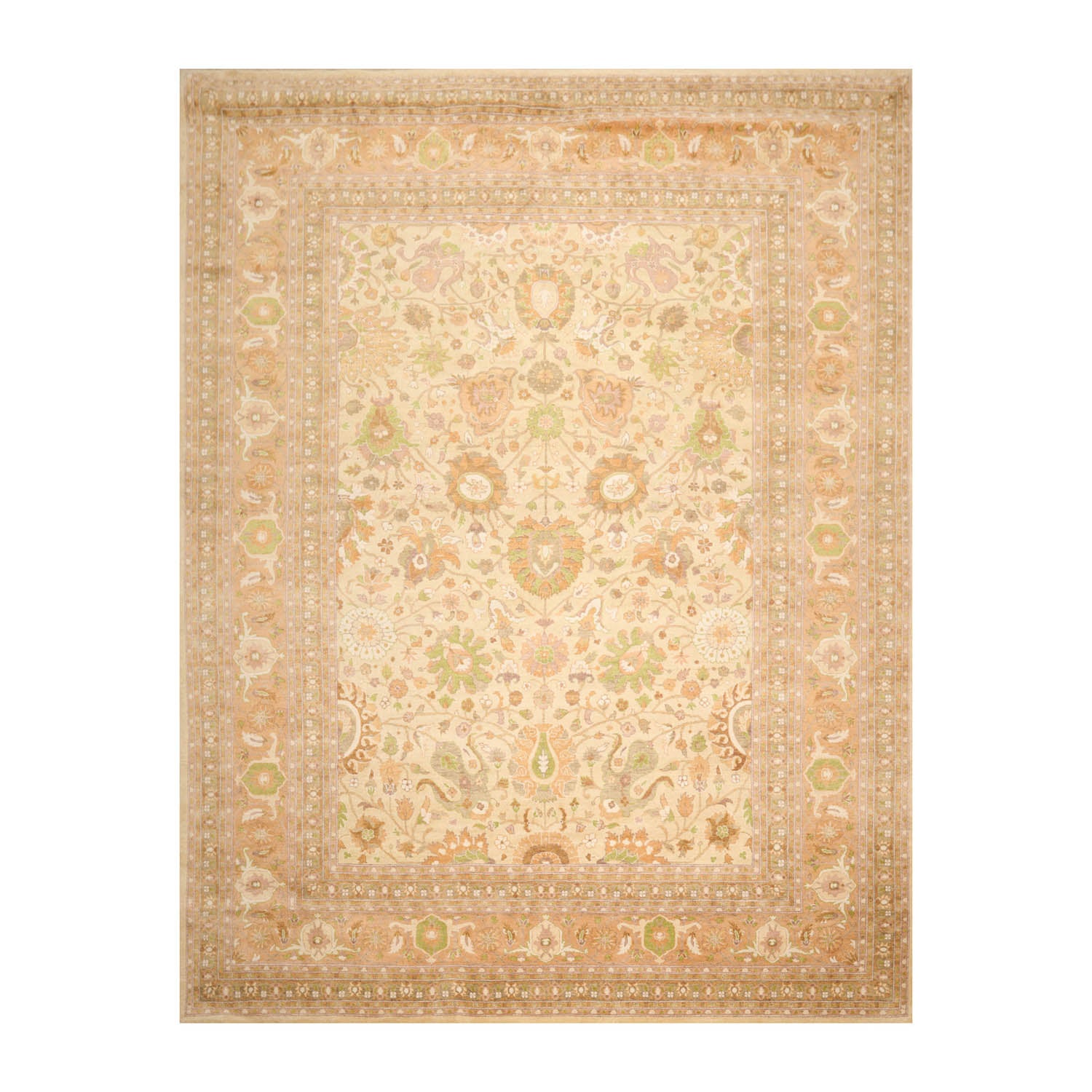 9x12 Beige, Peach, Ivory Color Hand Knotted All-Over 100% Wool Traditional Oriental Rug