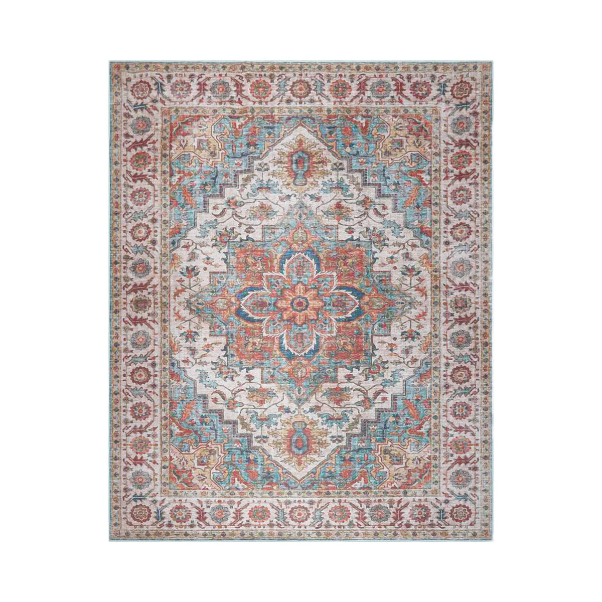 Multi Size  Aqua Beige Rust Color Machine Made Flatweave Polyester Traditional Oriental Rug