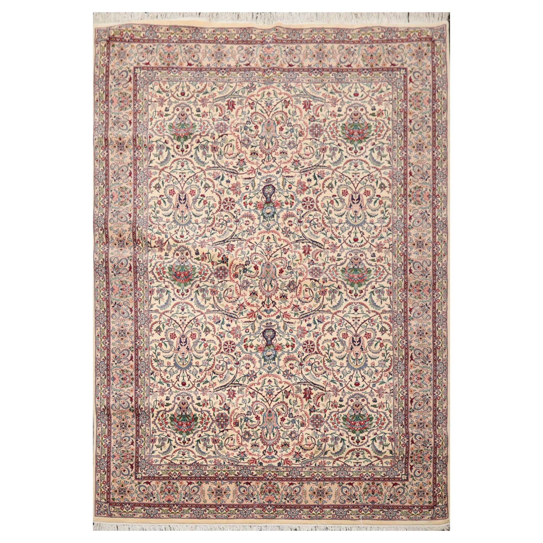 6x9 Cream, Peach, Maroon Color Hand Knotted All-Over 100% Wool Traditional Oriental Rug