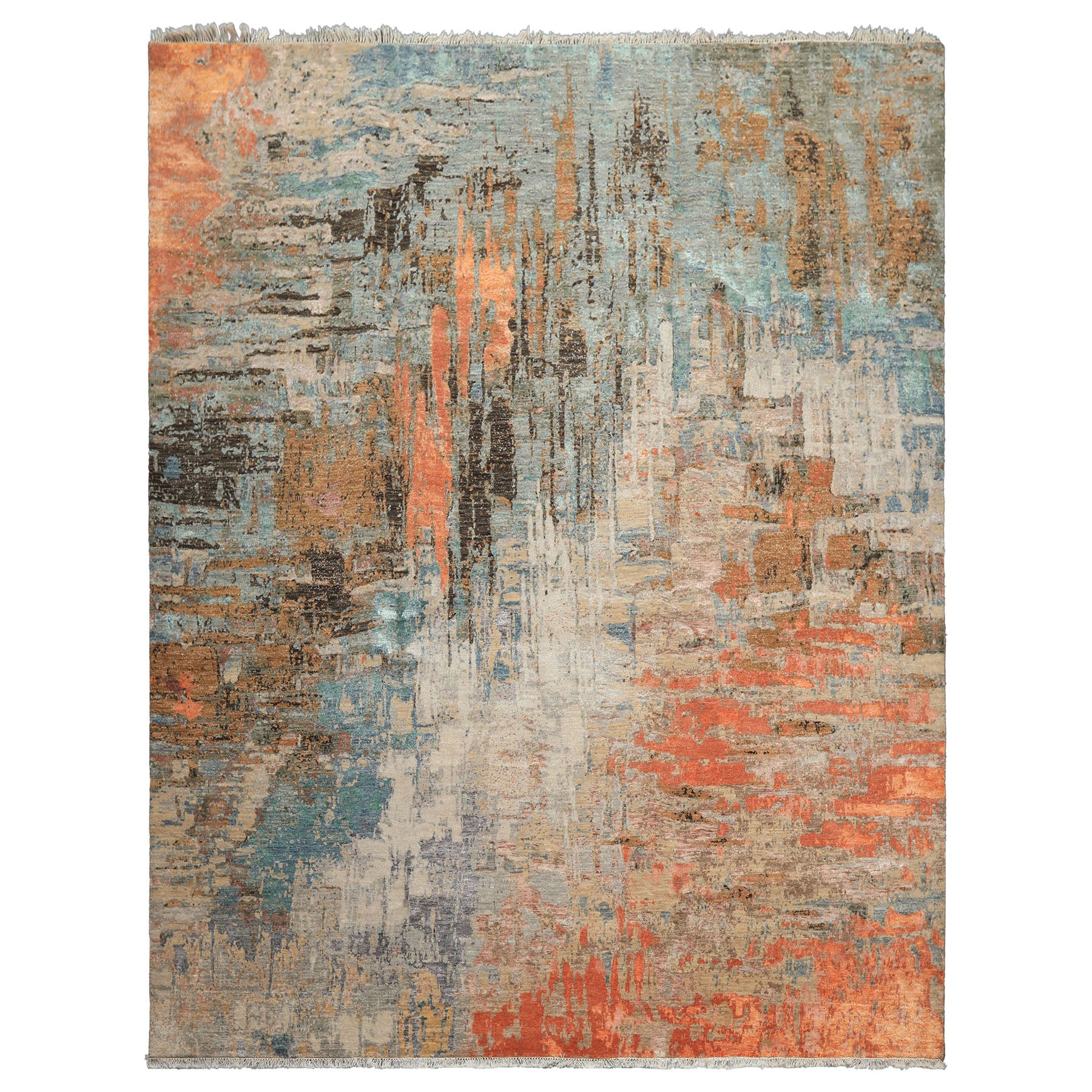 8x10 Beige, Coral, Aqua Color Hand Knotted Sherpa Wool and Silk Modern & Contemporary Oriental Rug