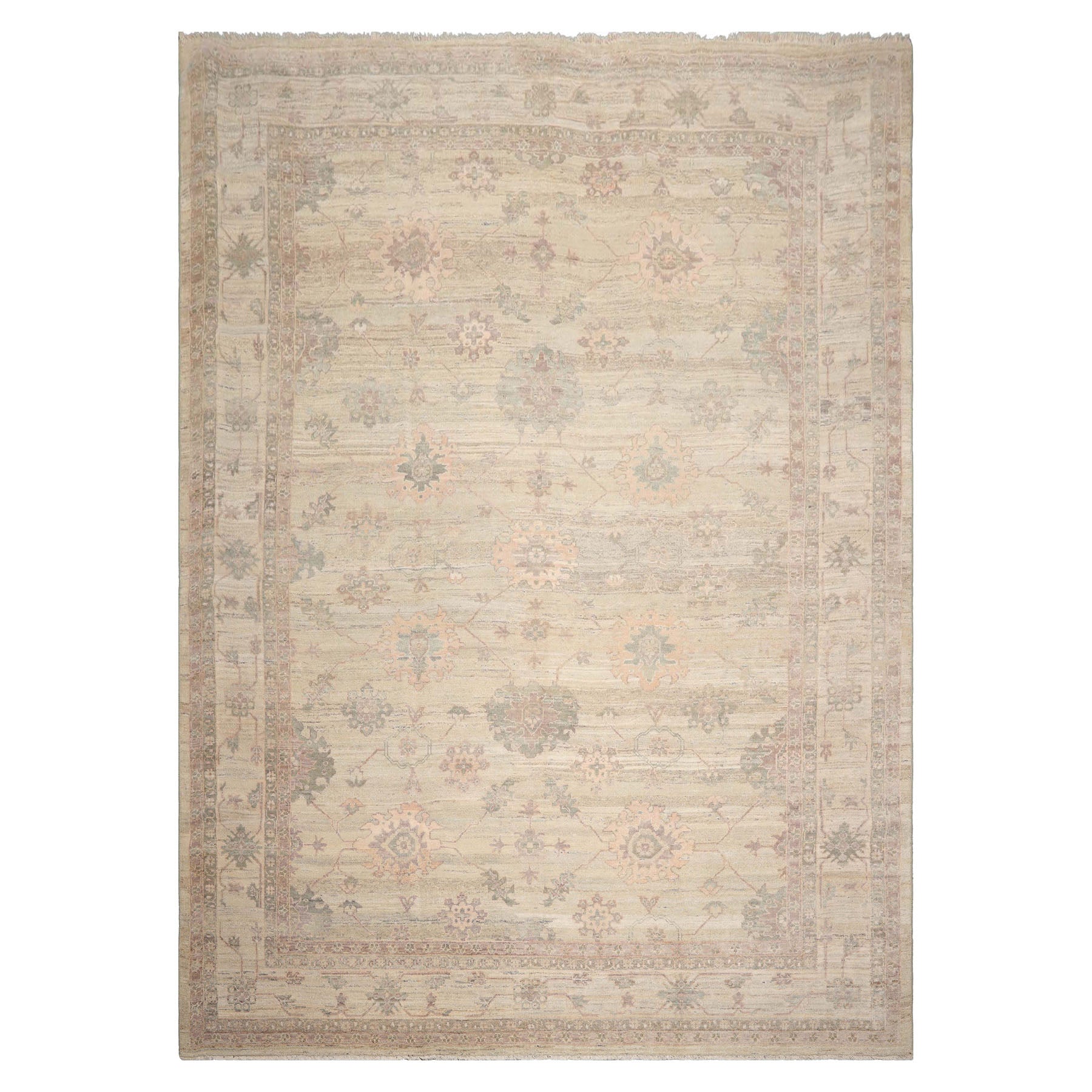 10x14 Hand Knotted Afghan Oushak 100% Wool Traditional Oriental Rug in Moss and Beige Colors