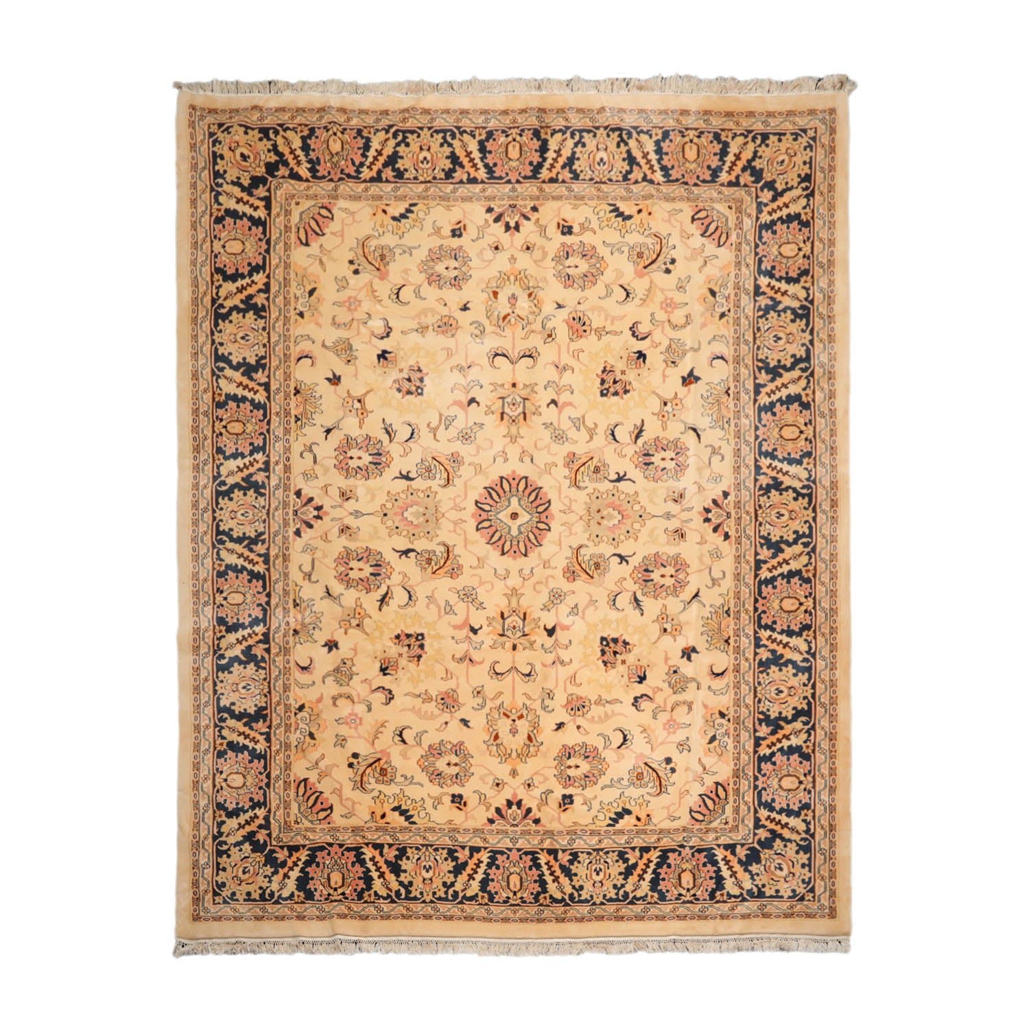 9x12 Tan, Midnight Blue, Blush Color Hand Knotted All-Over 100% Wool Traditional Oriental Rug