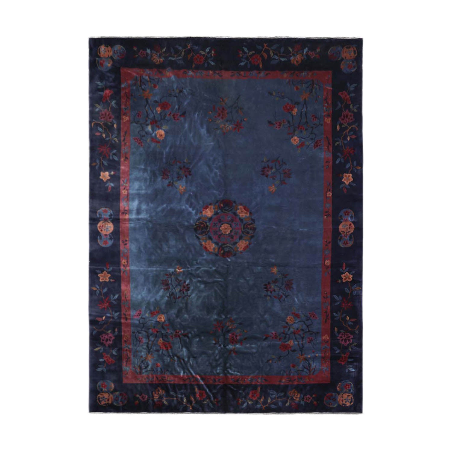 10x14 Navy, Plum, Peach Color Hand Knotted All-Over 100% Wool Traditional Oriental Rug