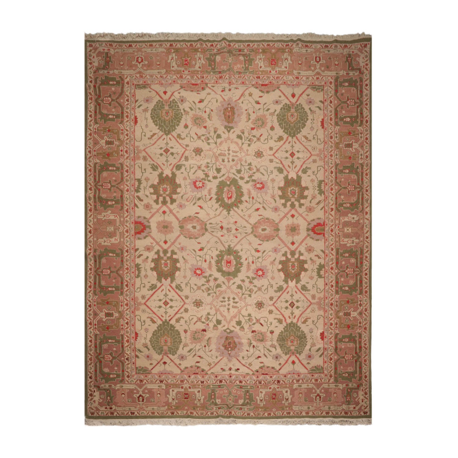 10x14 Beige, Blush, Green Color Hand Knotted All-Over 100% Wool Traditional Oriental Rug