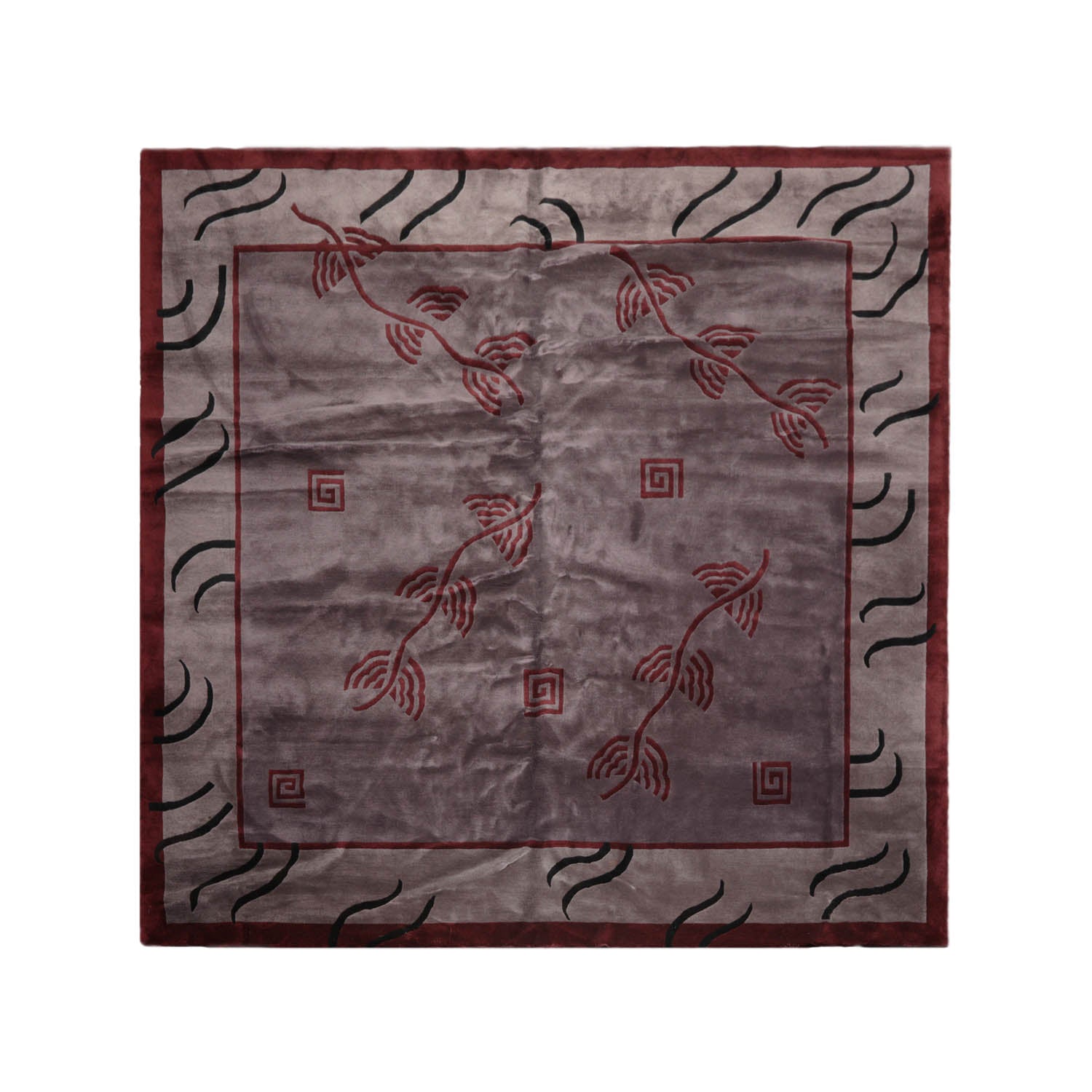 Square Aubergine, Taupe, Maroon Color Hand Knotted All-Over 100% Wool Modern Oriental Rug