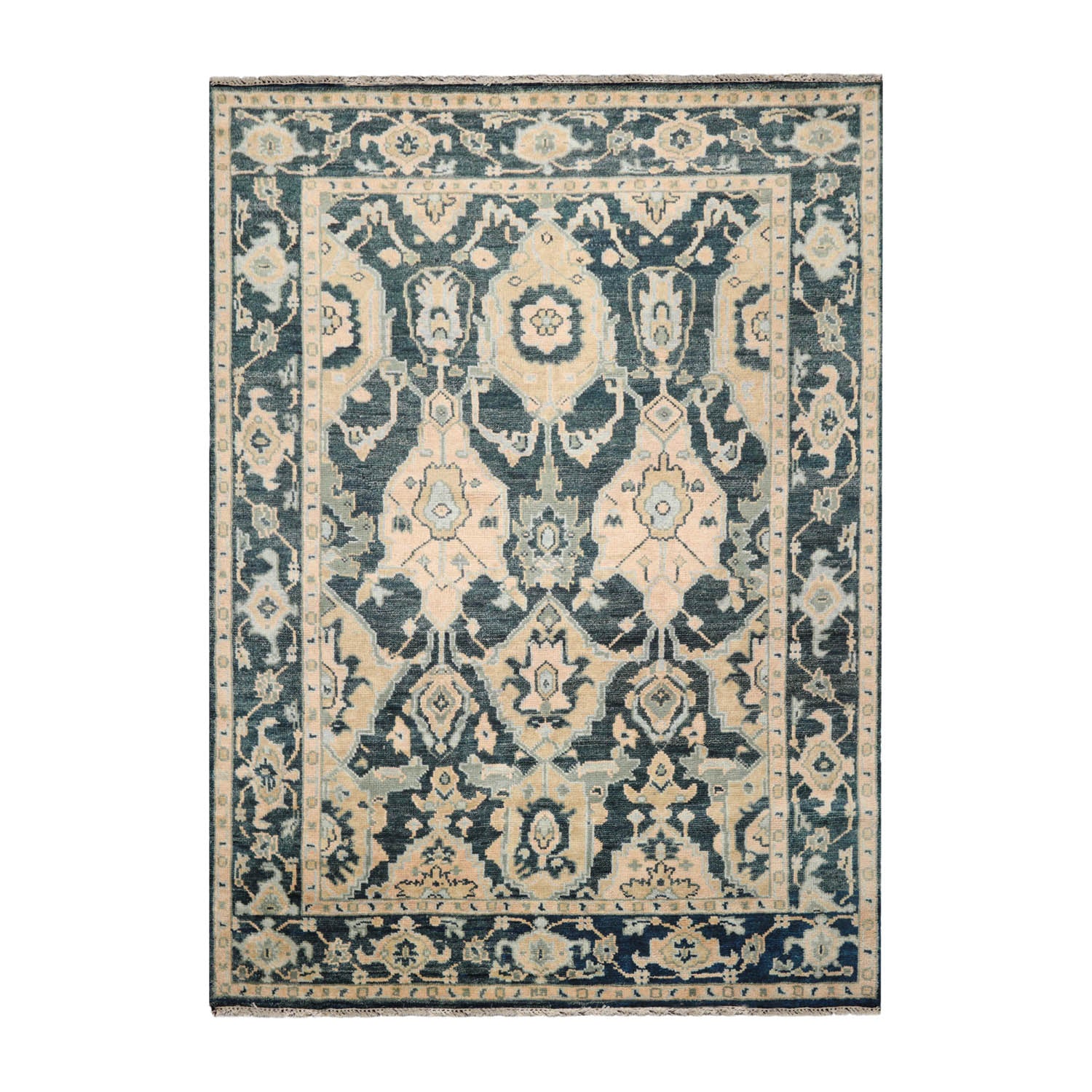 8x10 Teal, Pale Peach, Celadon Color Hand Knotted All-Over 100% Wool Traditional Oriental Rug