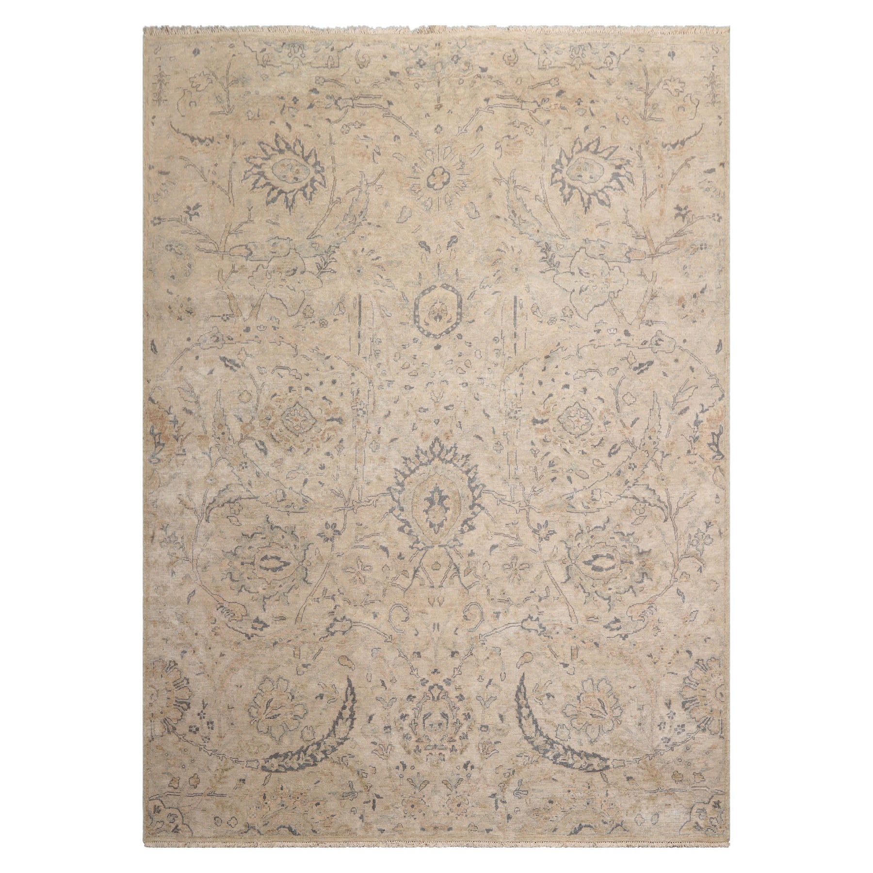 LoomBloom Beige 10'x14' Traditional Distressed Hand Knotted Wool Oriental Area Rug