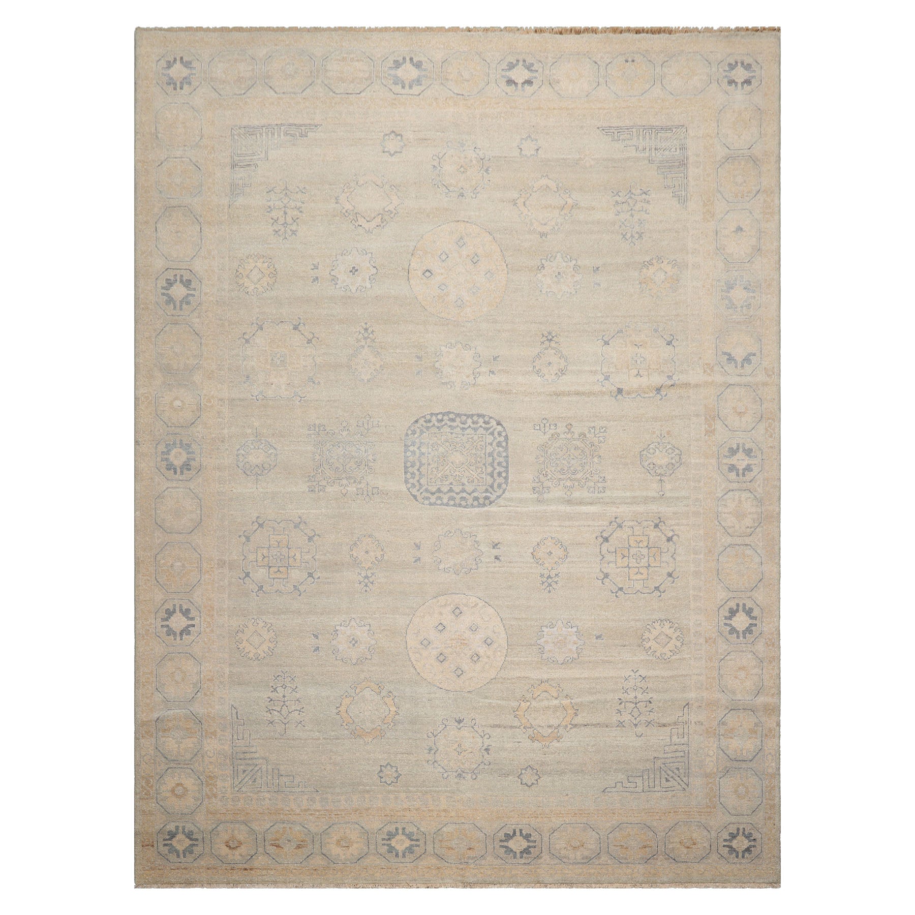 LoomBloom Beige Multi Size Afghan Oushak Transitional Geometric Hand Knotted Wool Oriental Area Rug