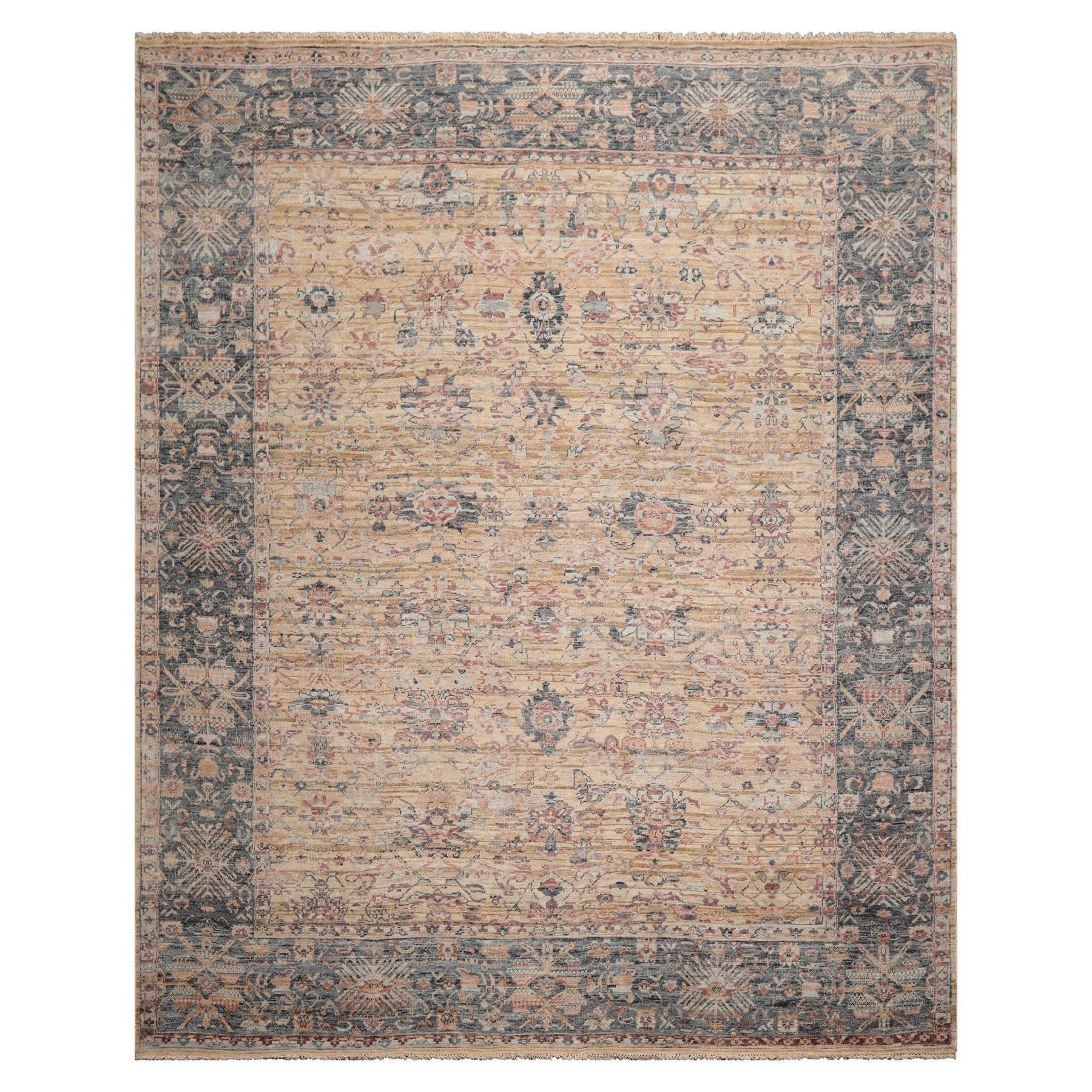 8x10 Beige, Tan, Rose Color Hand Knotted Distressed Wool Traditional Oriental Rug