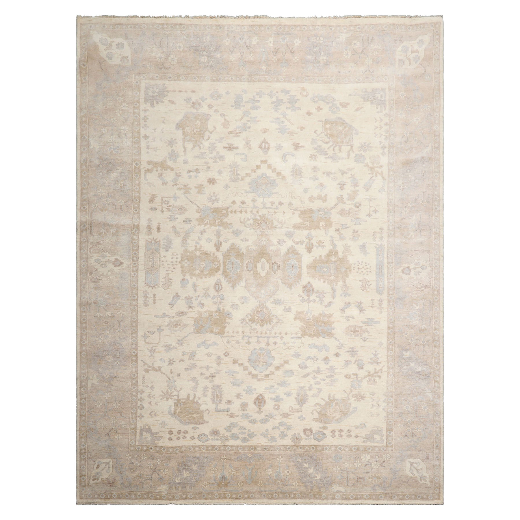 9x12 Ivory, Taupe, Tan Color Hand Knotted Afghan Oushak Wool Traditional Oriental Rug