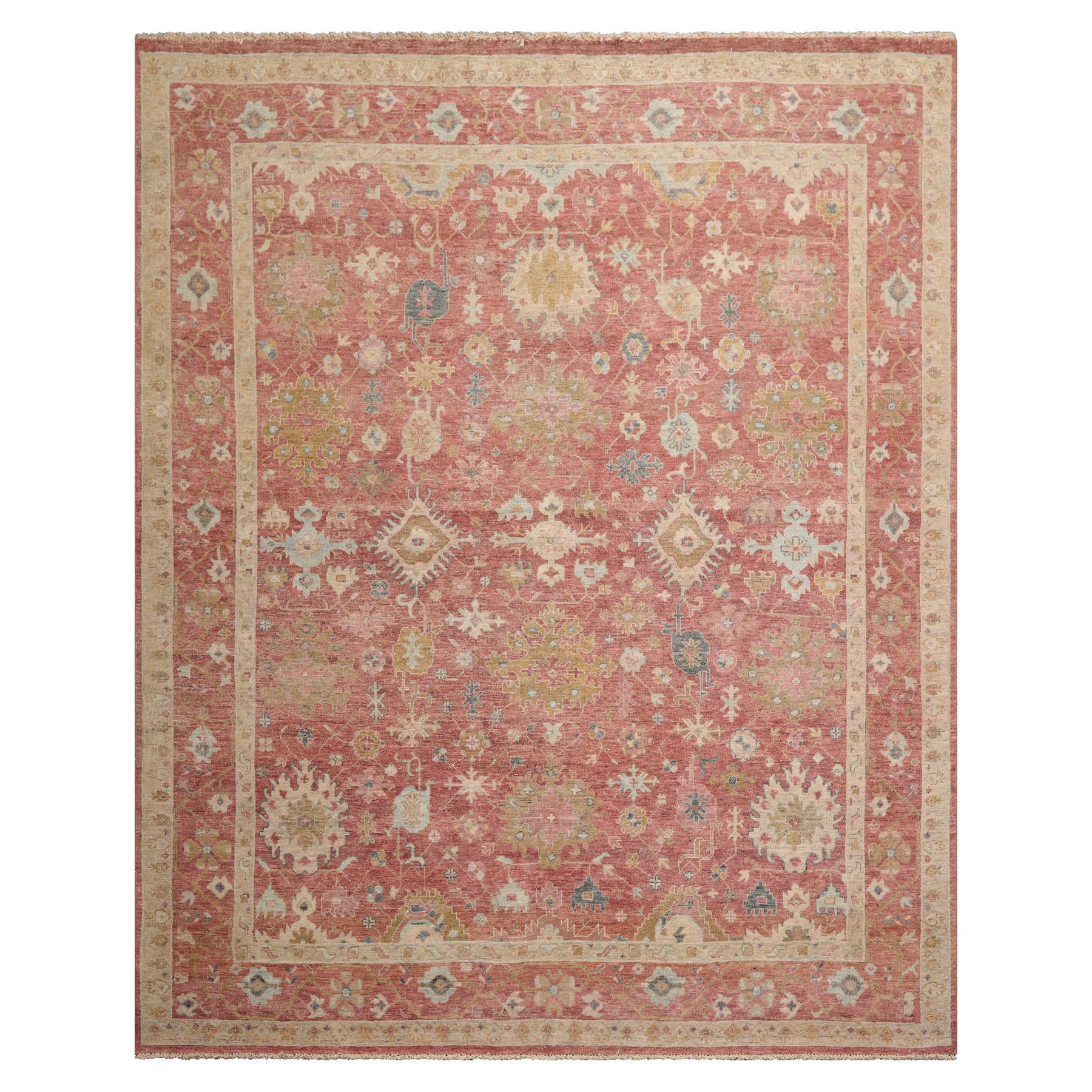 8x10 Rose, Beige, Mint Color Hand Knotted Distressed Wool Traditional Oriental Rug