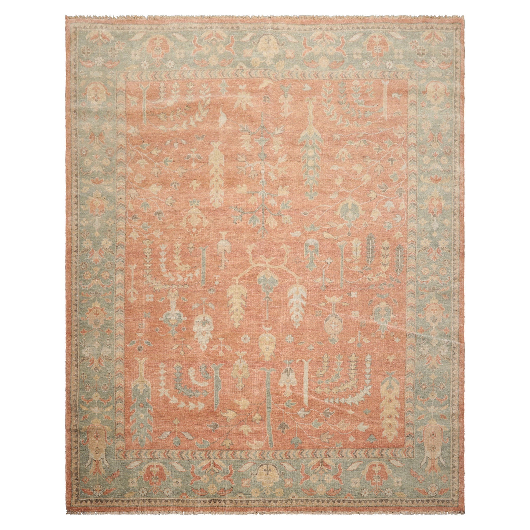 8x10 Orange, Sage, Gold Color Hand Knotted Distressed Wool Traditional Oriental Rug