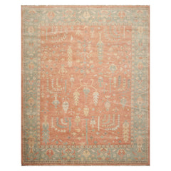 8x10 Orange, Sage, Gold Color Hand Knotted Distressed Wool Traditional Oriental Rug