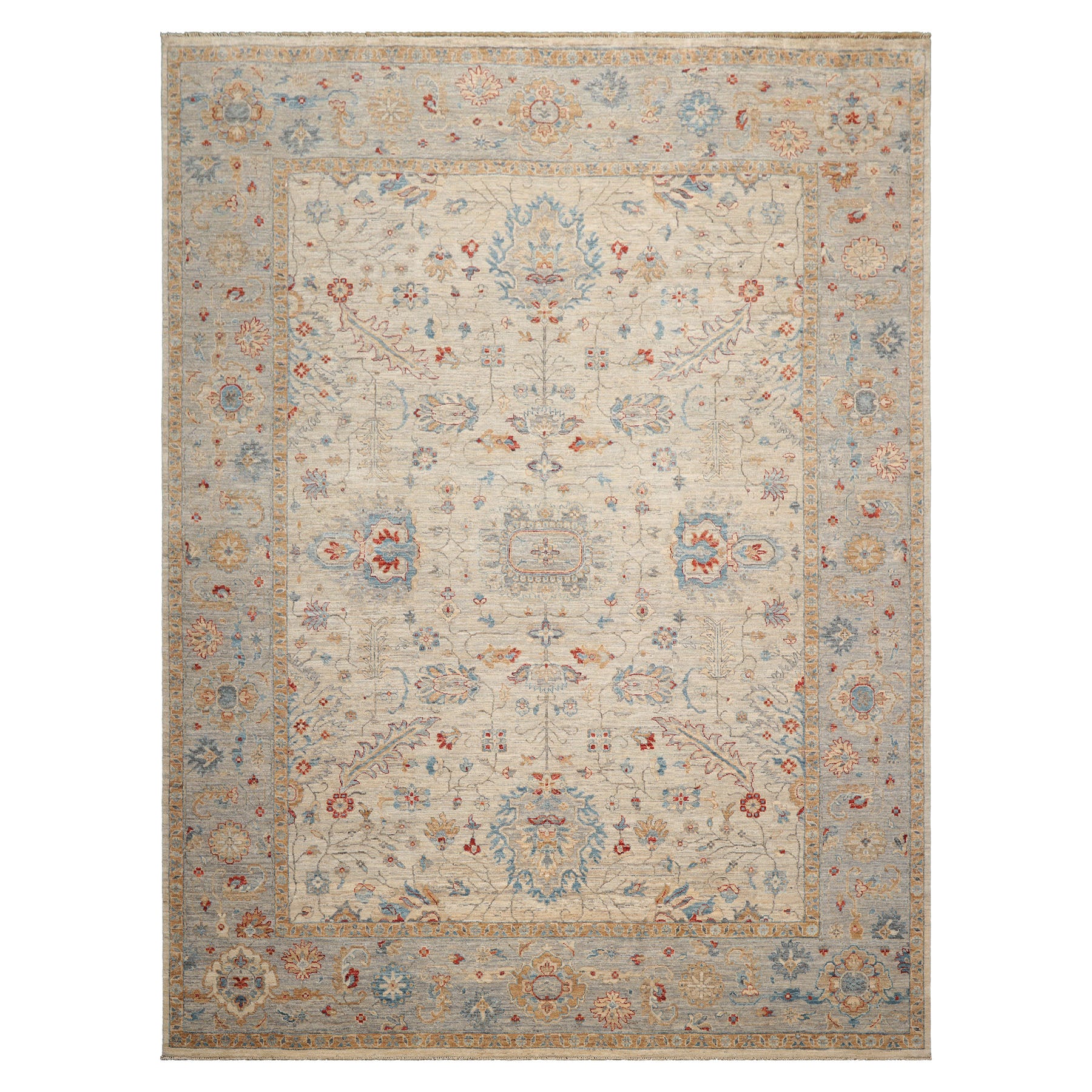 9x12 Beige, Gray, Red Color Hand Knotted Khyber Wool Traditional Oriental Rug