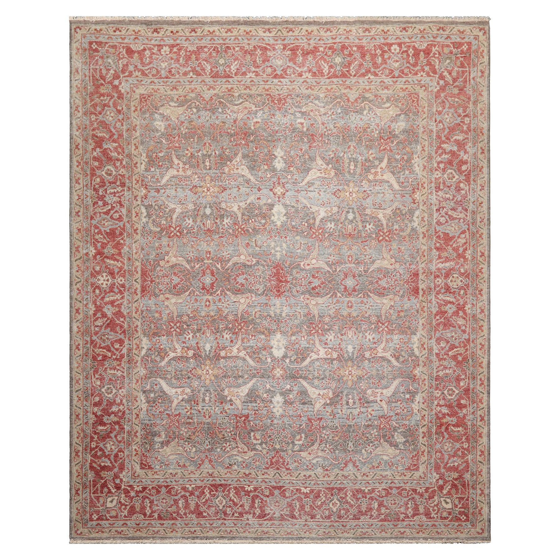 8x10 Gray, Coral, Beige Color Hand Knotted Distressed Wool Traditional Oriental Rug