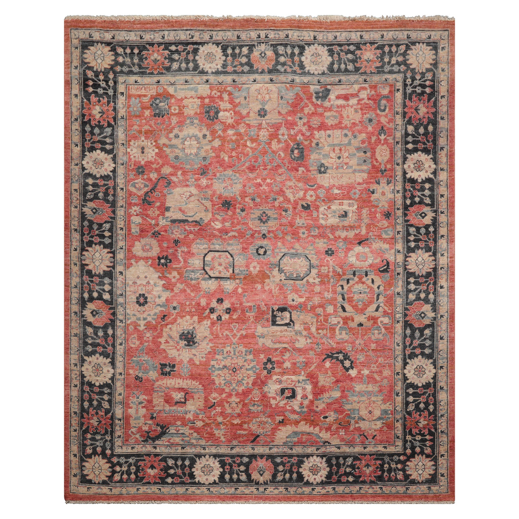 8x10 Coral, Charcoal, Beige Color Hand Knotted Distressed Wool Traditional Oriental Rug