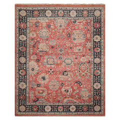 8x10 Coral, Charcoal, Beige Color Hand Knotted Distressed Wool Traditional Oriental Rug
