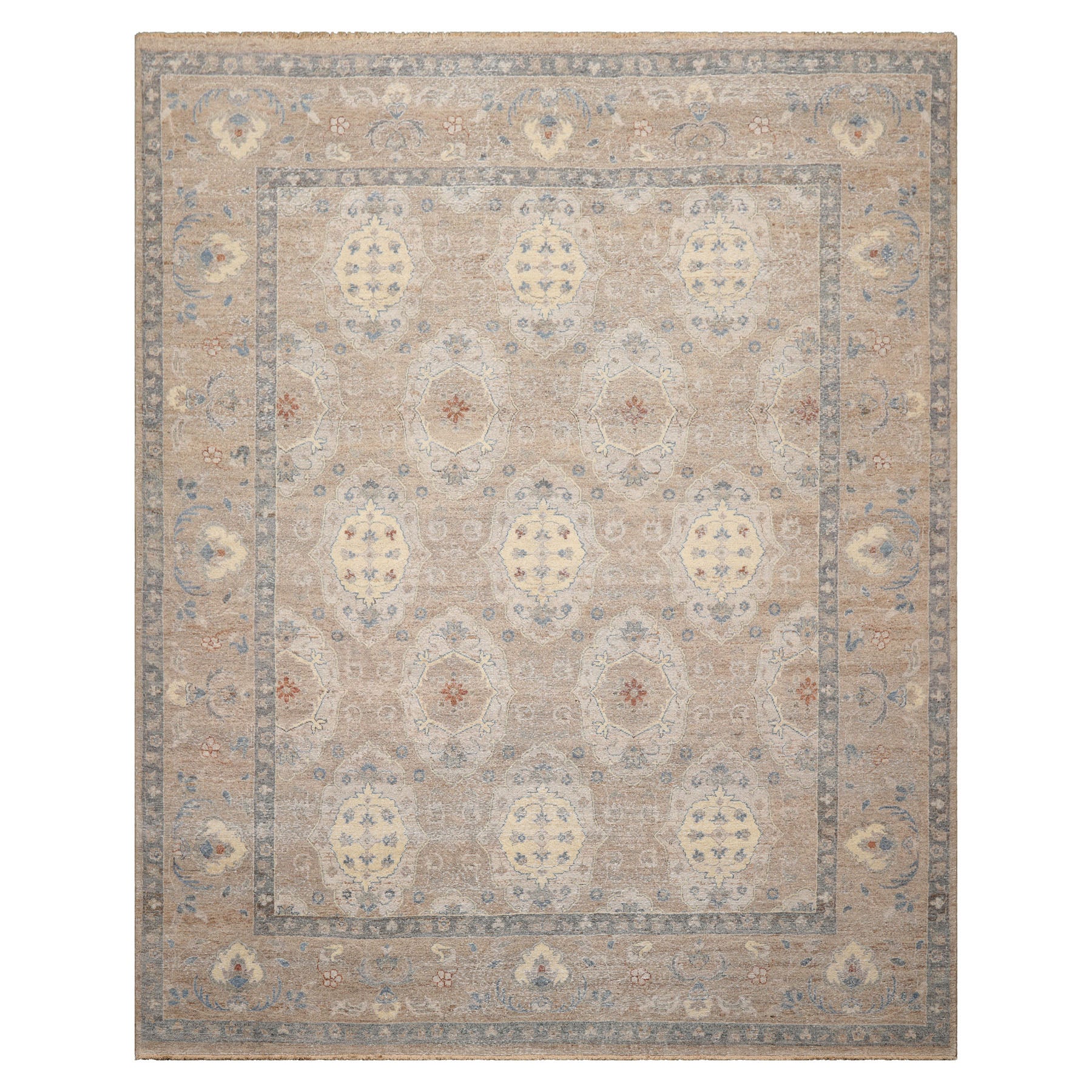 8x10 Tan, Beige, Slate Color Hand Knotted Distressed Wool Traditional Oriental Rug