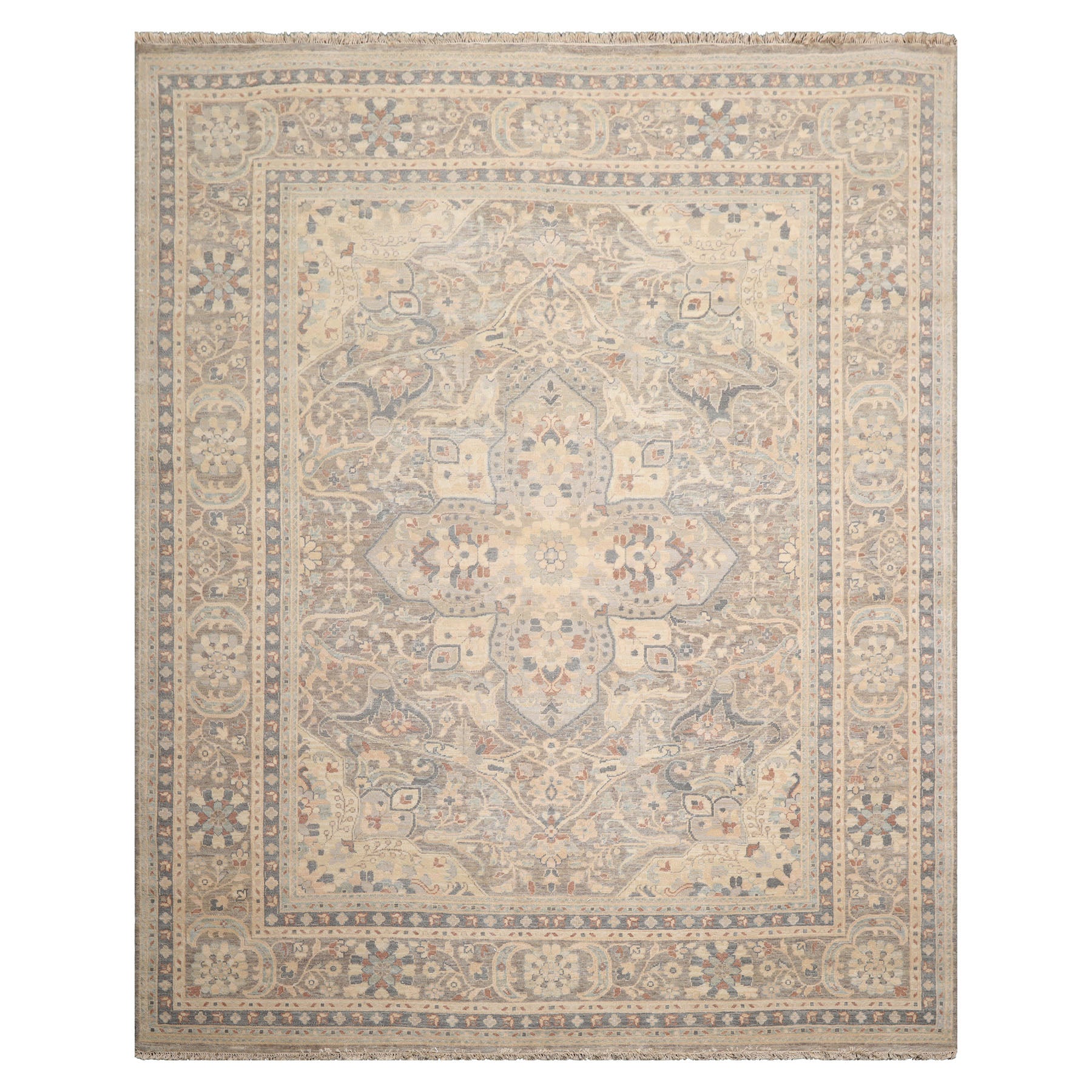 8x10 Khaki, Beige, Slate Color Hand Knotted Distressed Wool Traditional Oriental Rug