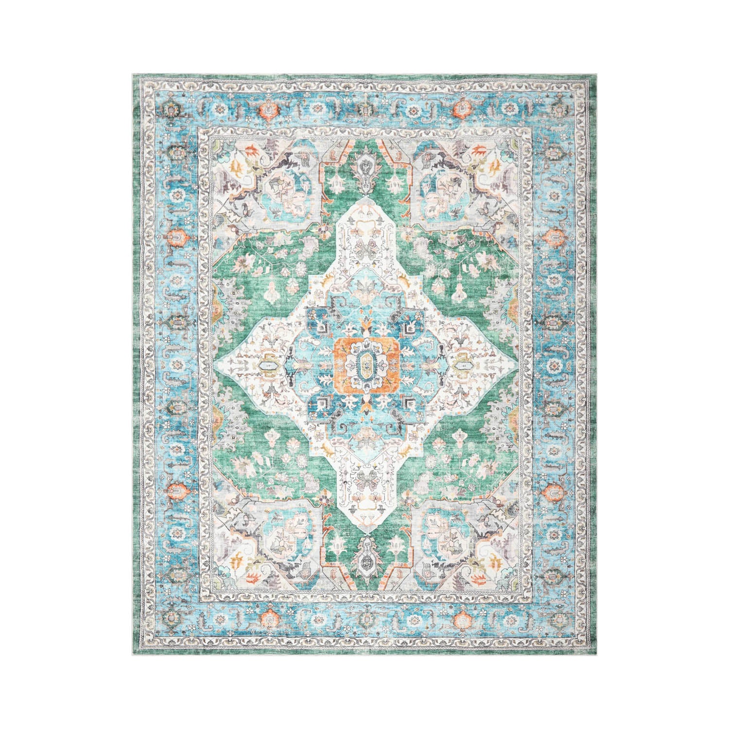 9 x 12  Green Ivory Aqua Color Machine Made Washable Polyester Arts & Crafts. Mission Style Oriental Rug