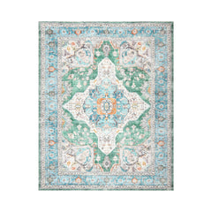 9 x 12  Green Ivory Aqua Color Machine Made Washable Polyester Arts & Crafts. Mission Style Oriental Rug