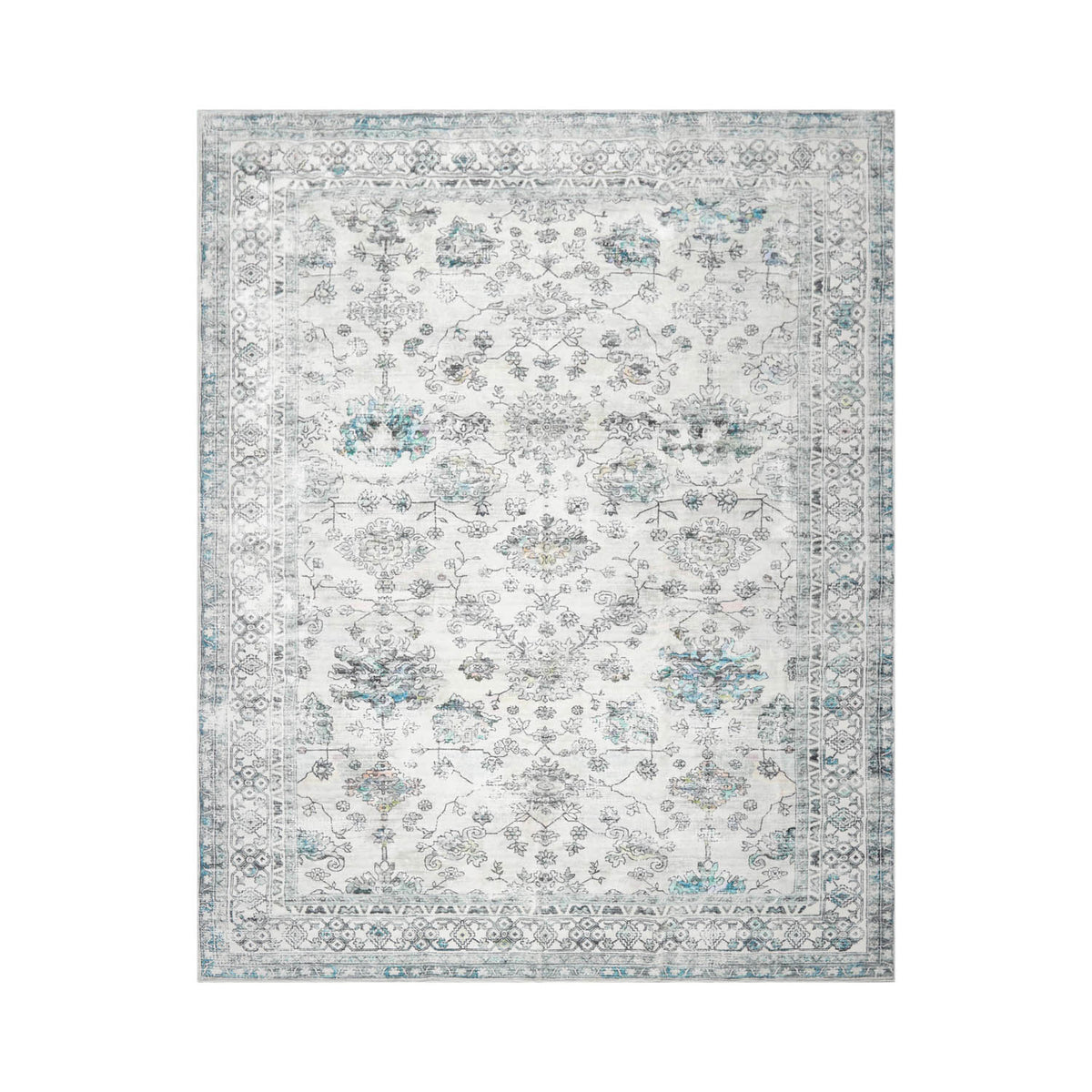 9 x 12  Ivory Gray Aqua Color Machine Made Washable Polyester Traditional Oriental Rug