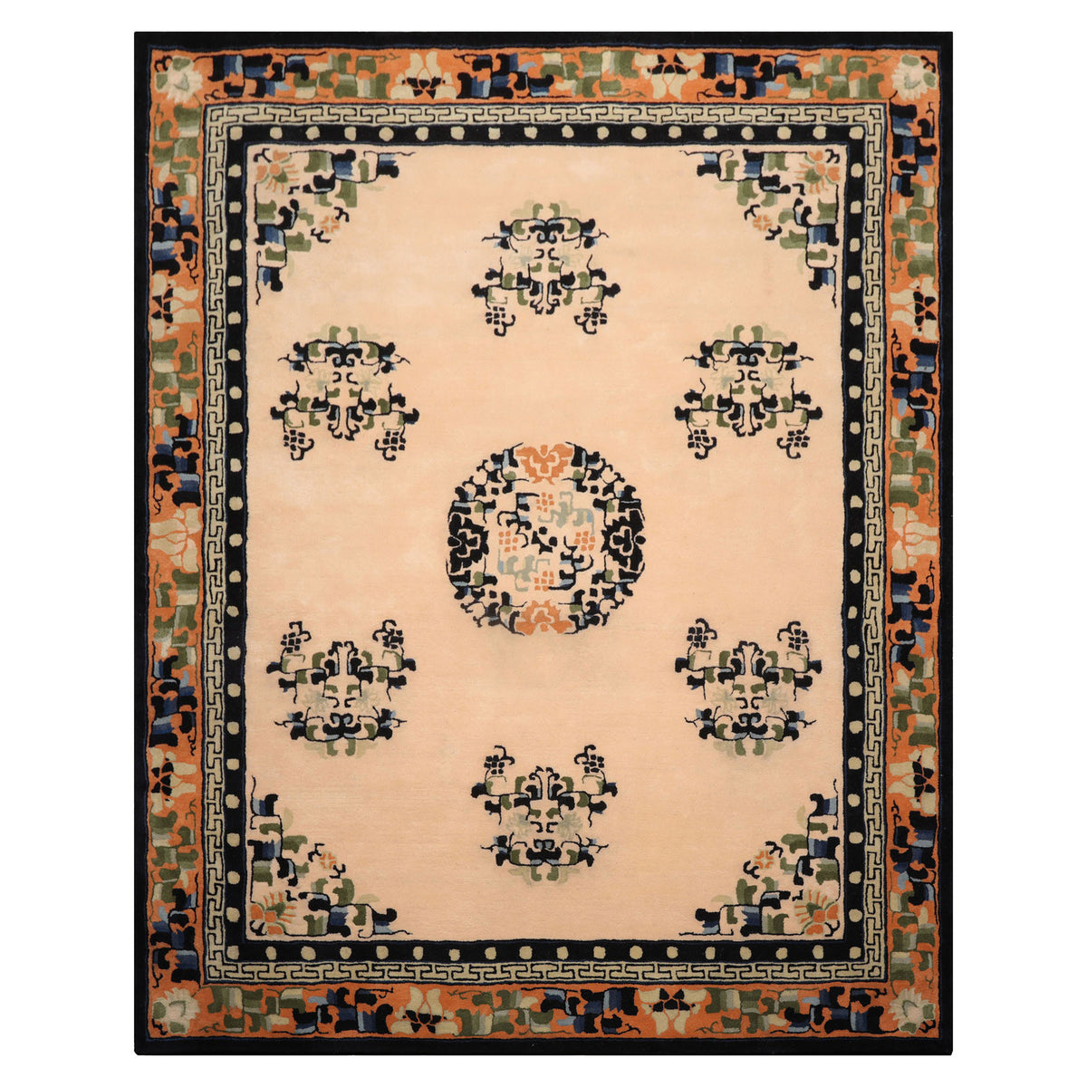 8x10 Beige with Peach Undertone Peach Black Color Hand Tufted Medallion New Zealand Wool  Oriental Rug