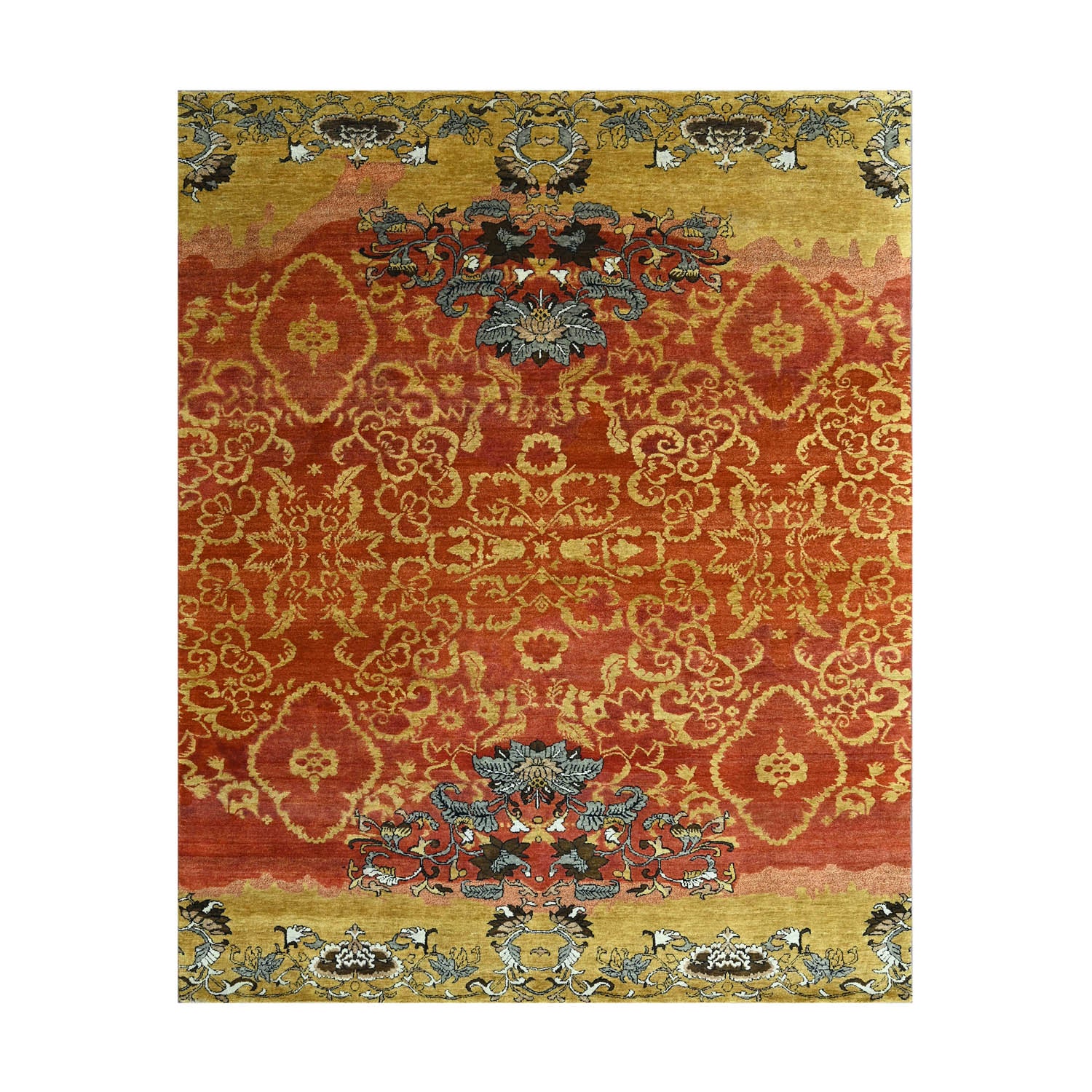 8x10 Burnt Orange, Gold, Gray Color Hand Knotted Oushak Wool Transitional Oriental Rug