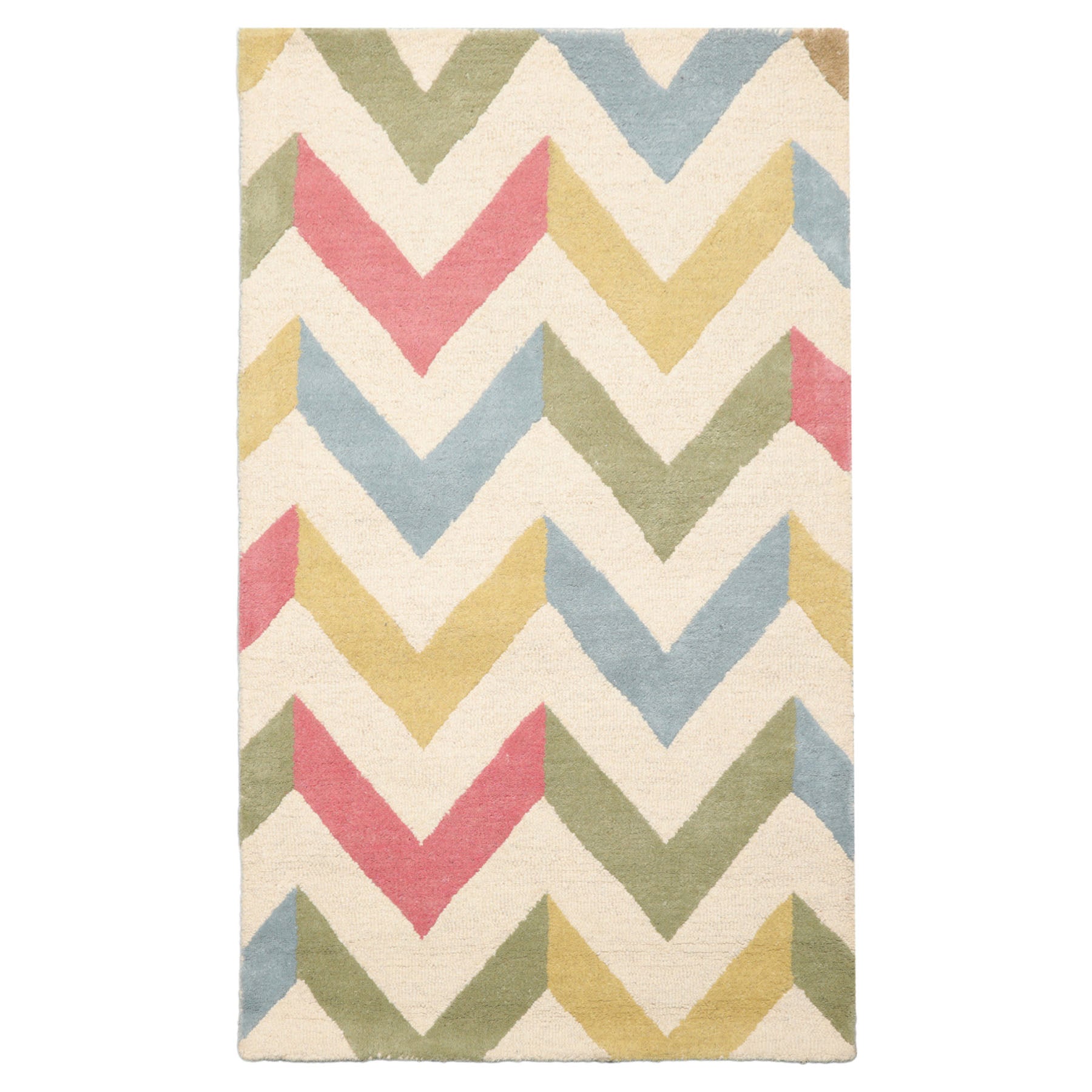 3x5 Ivory, Sage, Blue Color Hand Tufted Chevron Wool Modern Oriental Rug