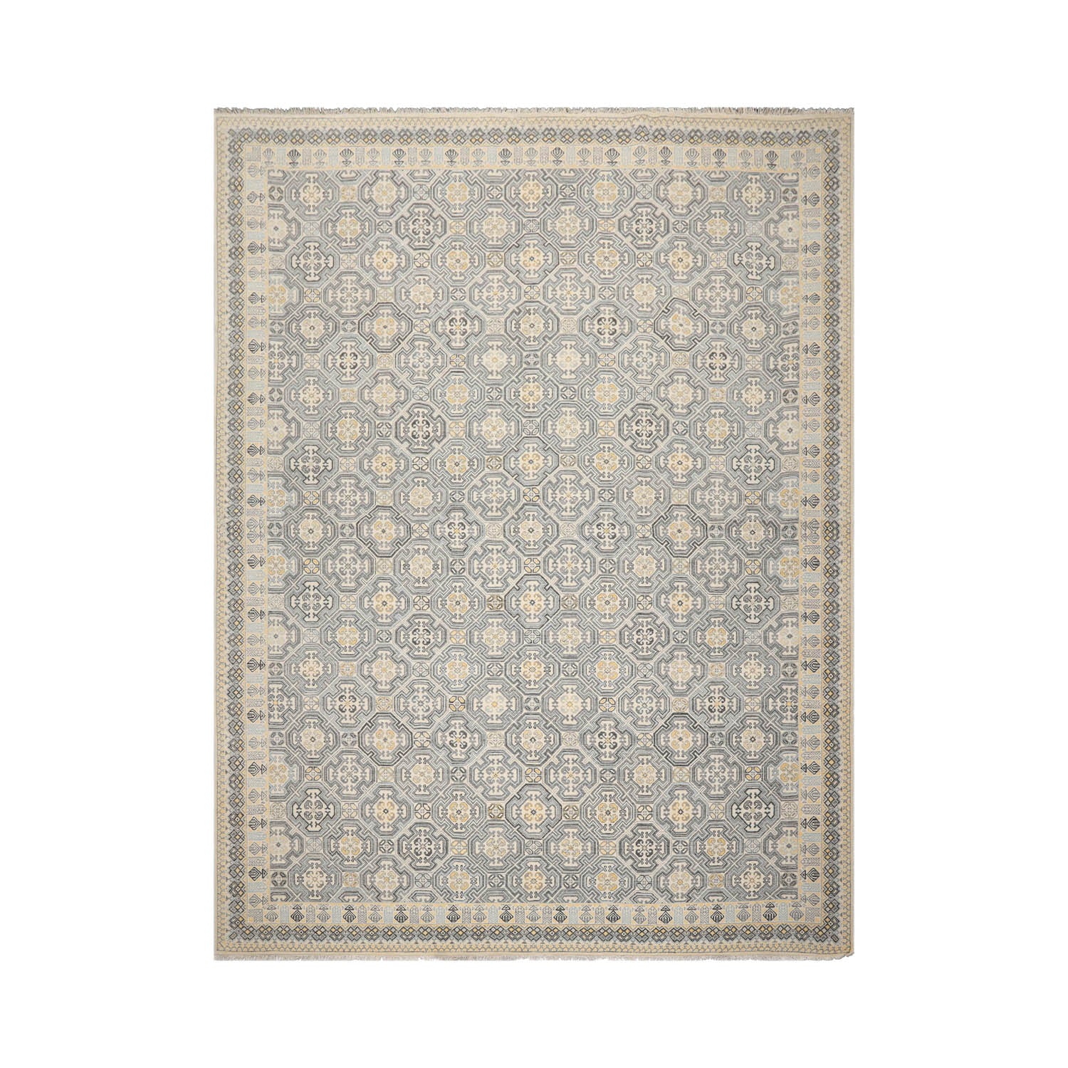 9x12 Beige, Gray, Blue Color Hand Knotted High End Designer Wool Transitional Oriental Rug