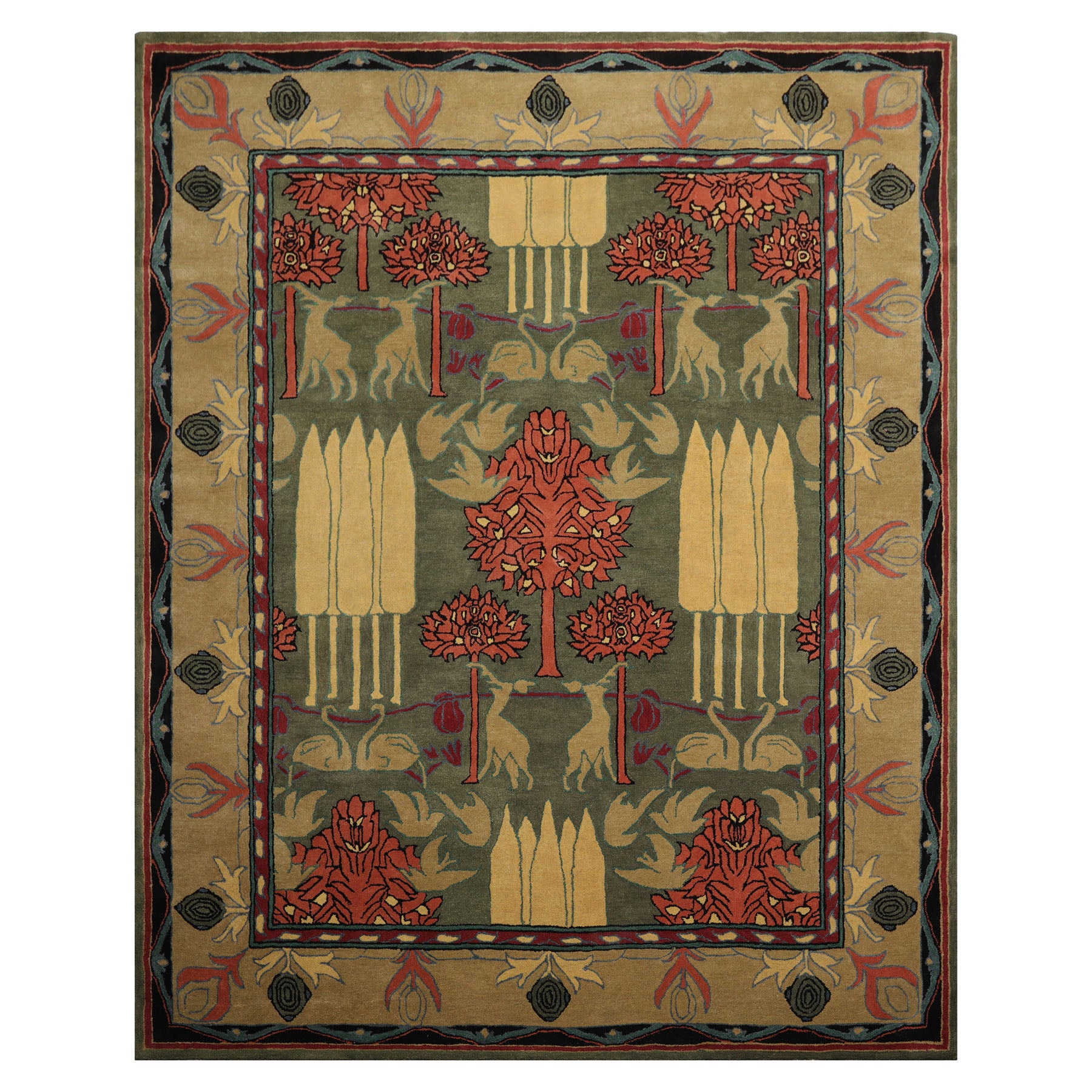 LoomBloom 8'x10' Green Hand Tufted Wool Rug in an Arts & Crafts William Morris Style