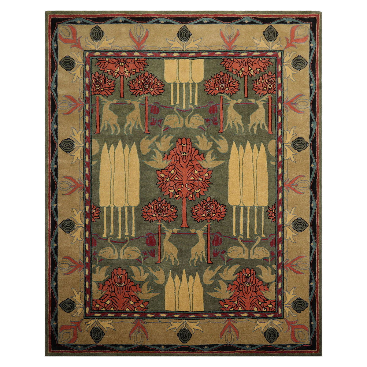 LoomBloom Multi Size Green Hand Tufted Wool Rug in an Arts & Crafts William Morris Style