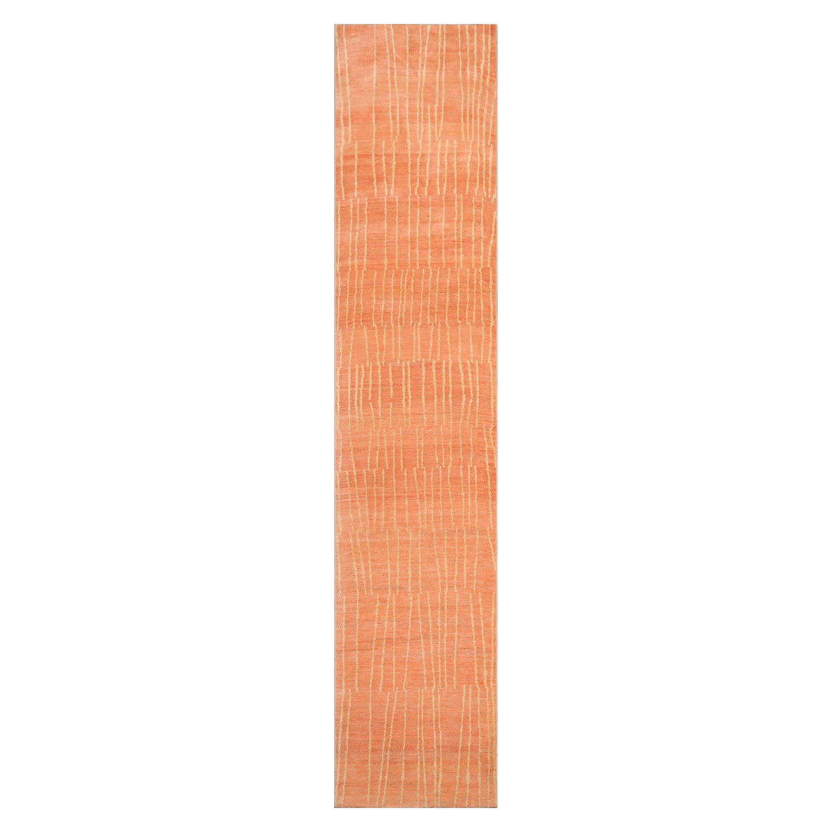Runner Salmon Beige Color Hand Knotted Striped Wool Contemporary Oriental Rug