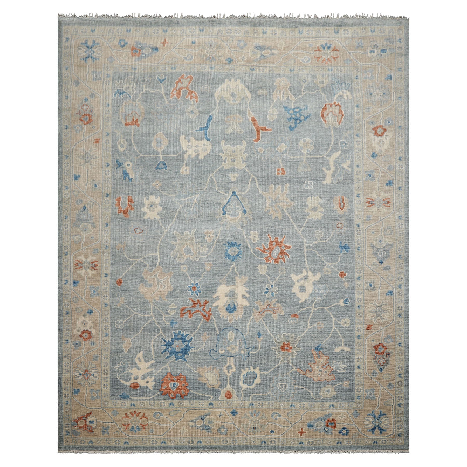 Multi Size Blue Taupe Ivory Color Hand Knotted Oushak Wool Arts & Crafts Oriental Rug
